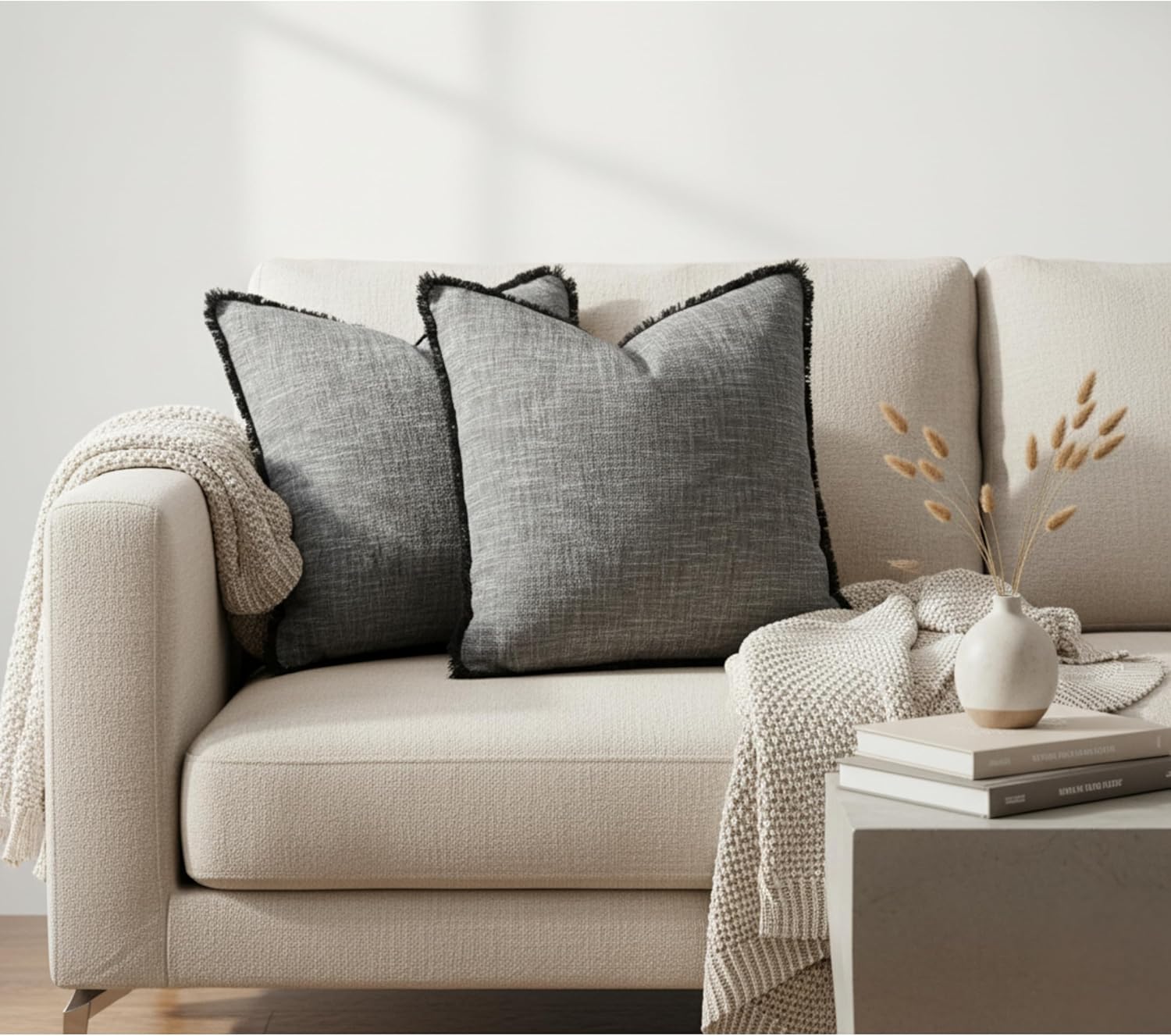 Textured Cotton Pillow Covers with Fringe Boho Farmhouse Cushion Cover with Decorative Tassels Linen Like Accent Pillowcases for Bed Couch Chair Sofa Living Room 20×20 Inch Gray Pack of 2 - Image 8