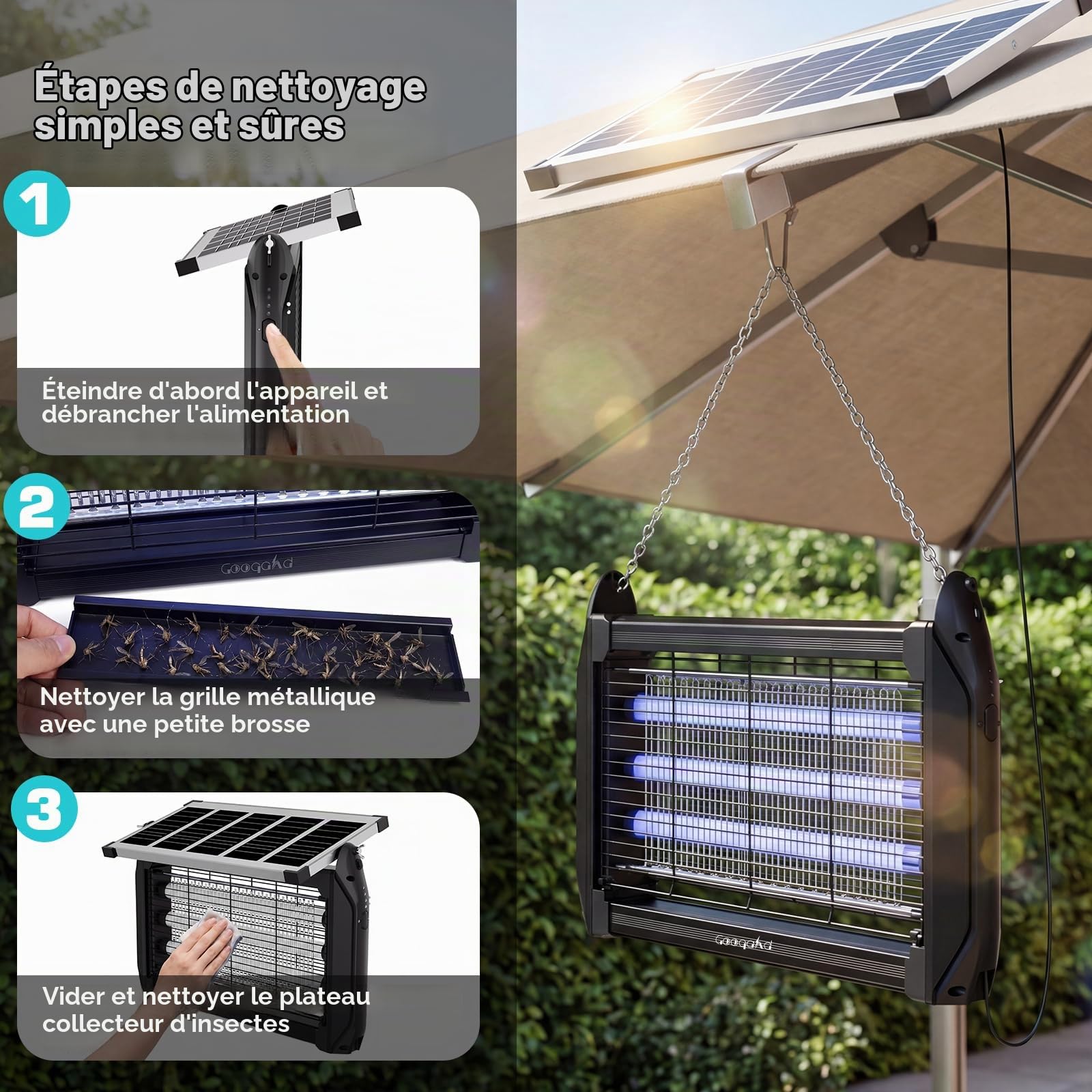 Désinsectiseur Électrique Solaire 10W Extérieur - Lampe Anti-Moustiques | Piège à Mouches 4000V avec Lampe UV, Étanche IPX5, Tue-Moustiques pour Cuisine, Maison, Patio, Jardin, Camping