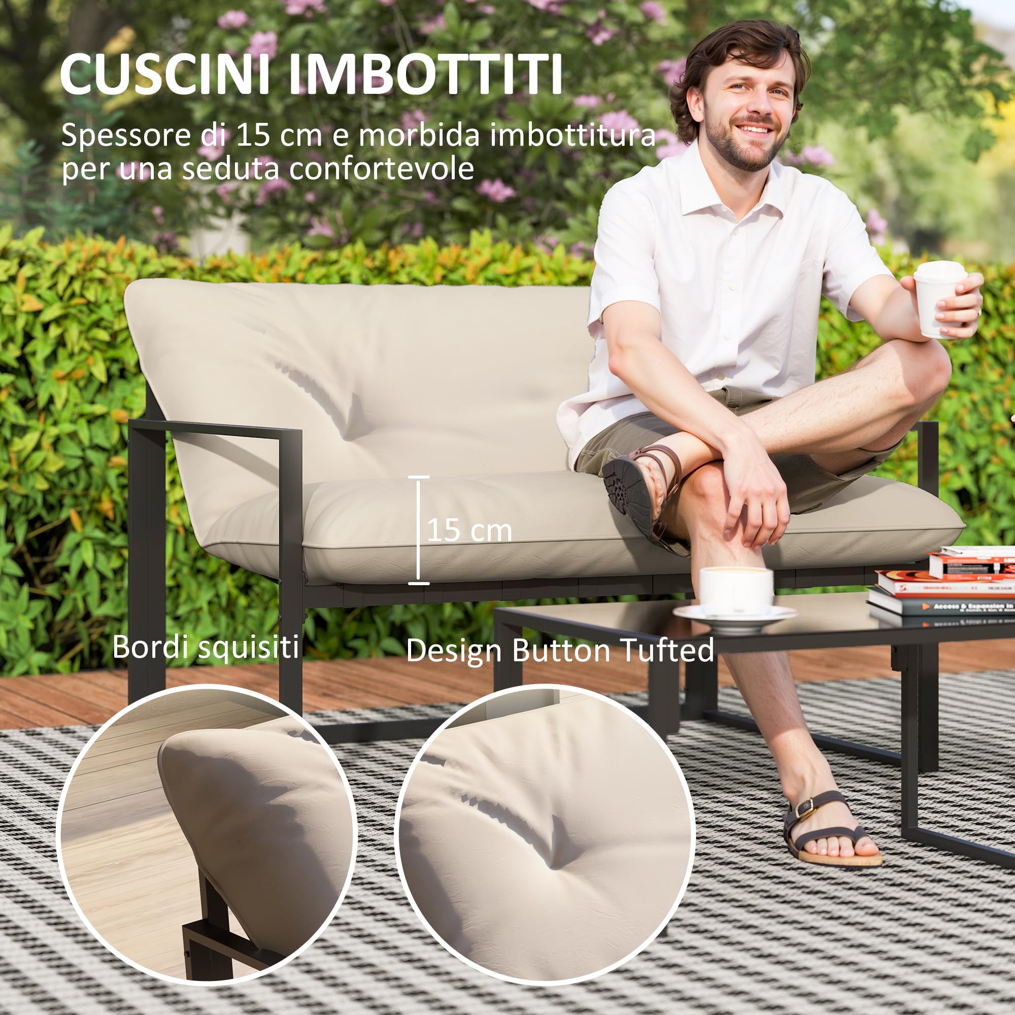 Outsunny Set Salotto da Giardino da 4 Pezzi, Set di Mobili con Divanetto a 2 Posti, 2 Poltrone, Cuscini e Tavolino da Caffè in Vetro, Struttura in Acciaio, Beige e Grigio