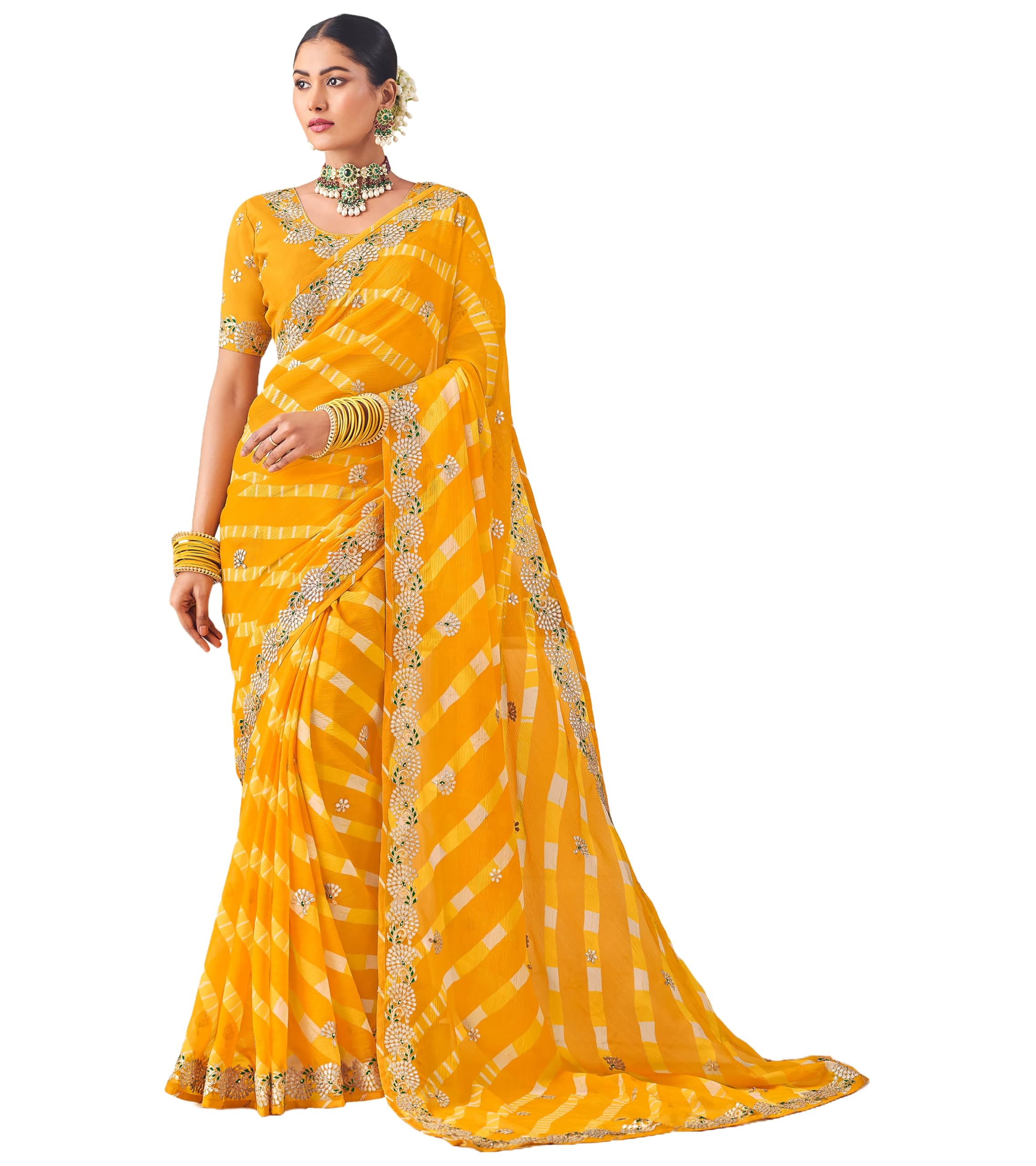 Laxmipati Nazakat Floral Embroidered Chiffon Saree in Yellow Color with Unstitched Blouse-image-18