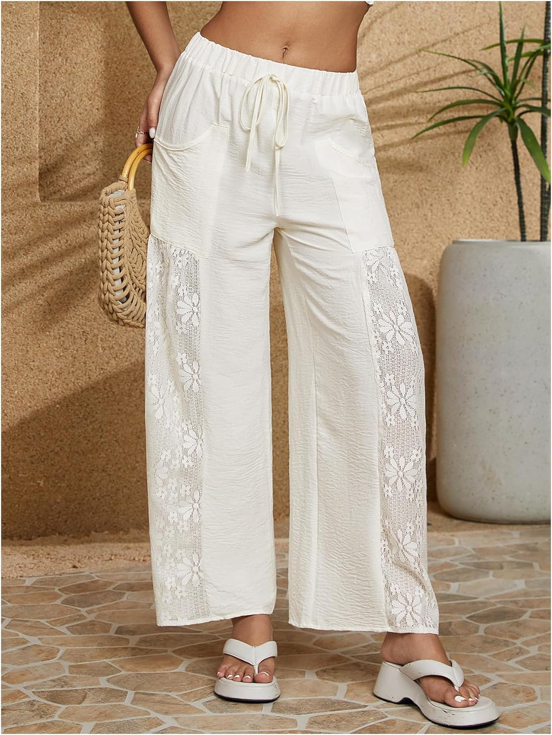 OYOANGLE Women's High Waisted Drawstring Palazzo Pants Contrast Lace Sheer Wide Leg Trousers with Pocket - Image 5