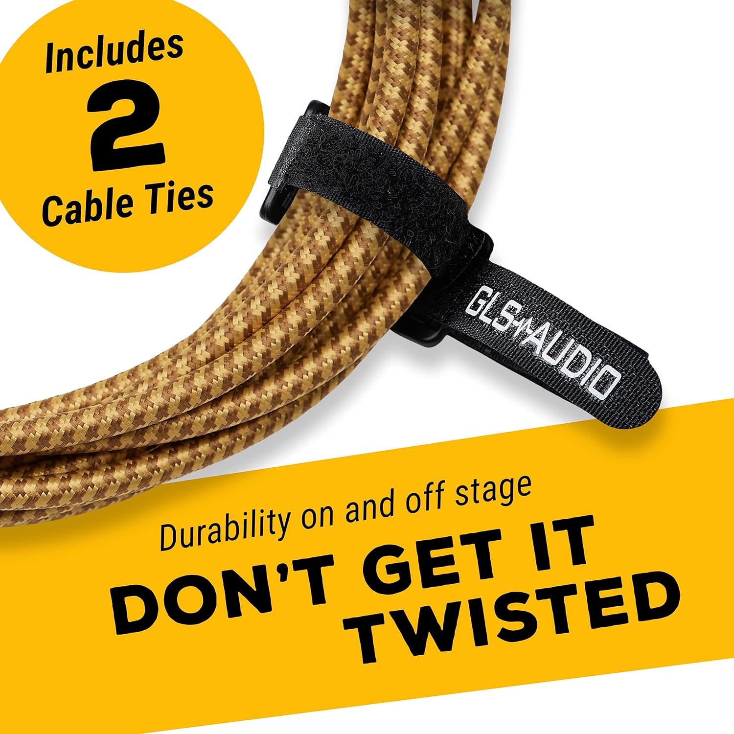 GLS Audio Instrument Cable - Amp Cord for Bass & Electric Guitar - Straight to Right Angle 1/4 Inch Instrument Cable - Brown/Yellow Braided Tweed, 15ft
