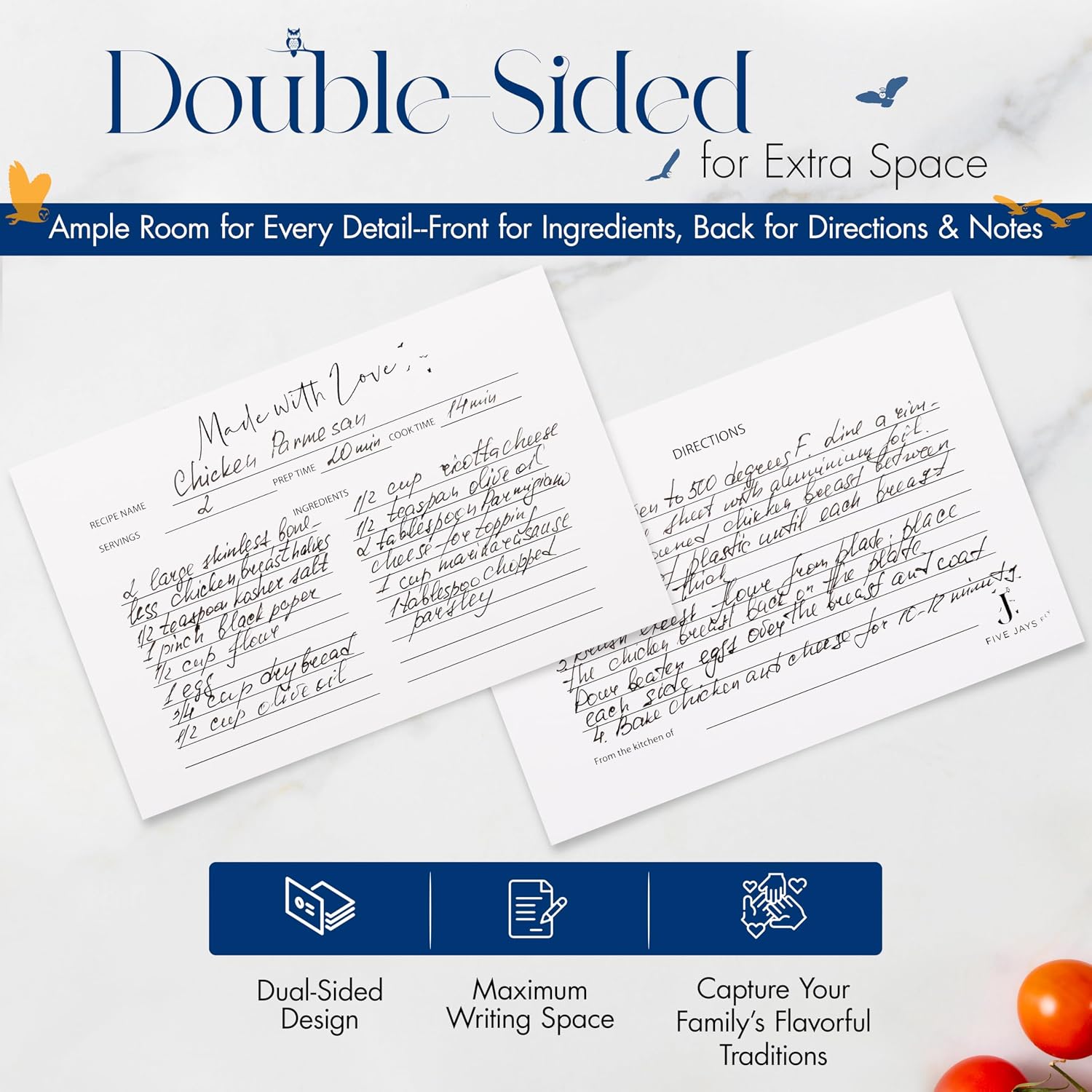 100 Pack | Blank 4x6 Recipe Cards | Double Sided Recipe Cards with Cute Design for Bridal Showers, Weddings, Cooking, Gifts, Housewarming Presents, and Five Jays Fly Recipe Box