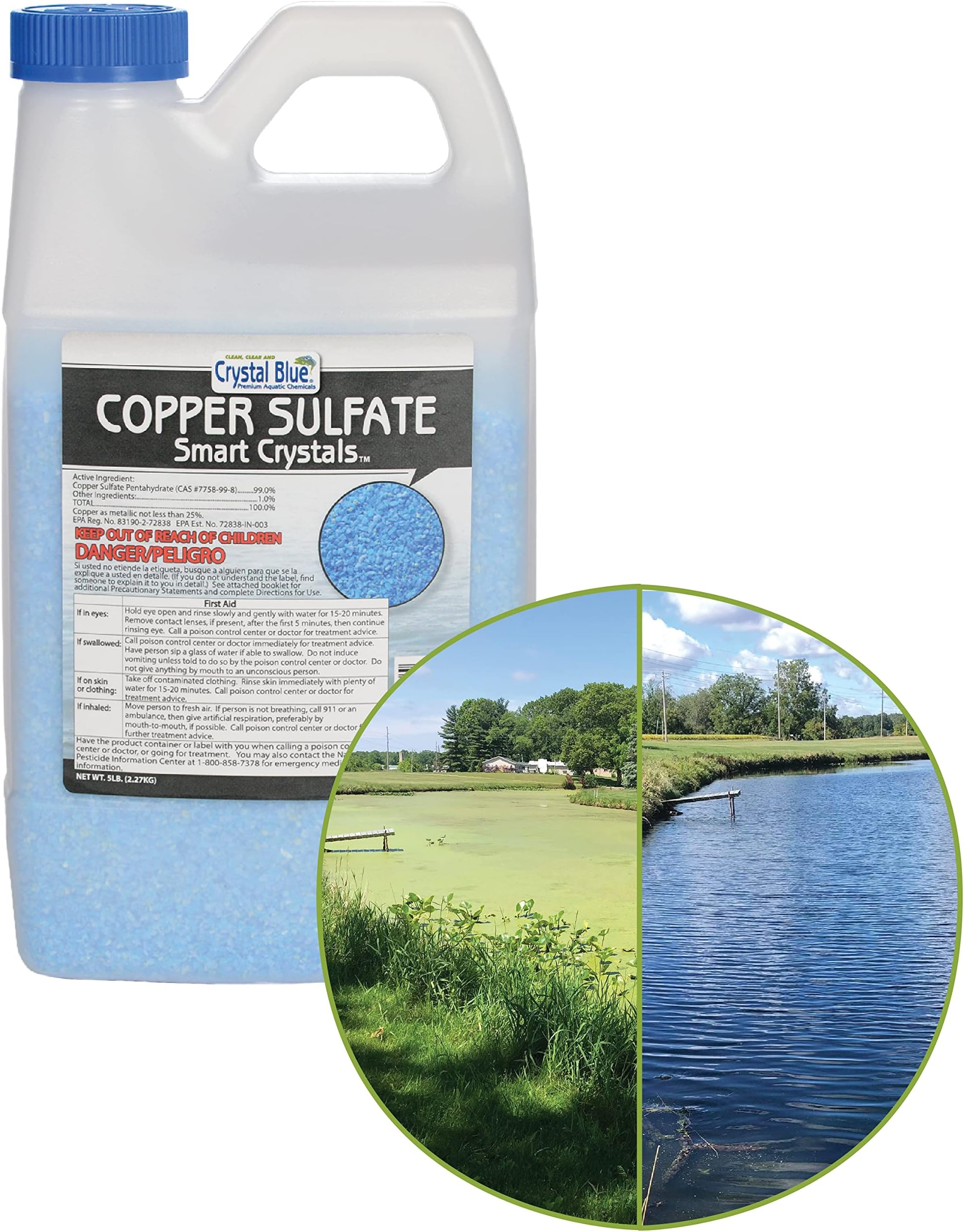 Crystal Blue Copper Sulfate Algaecide - Granular Aquatic Grade Copper Sulfate for Pond Algae Control - 5 Pounds