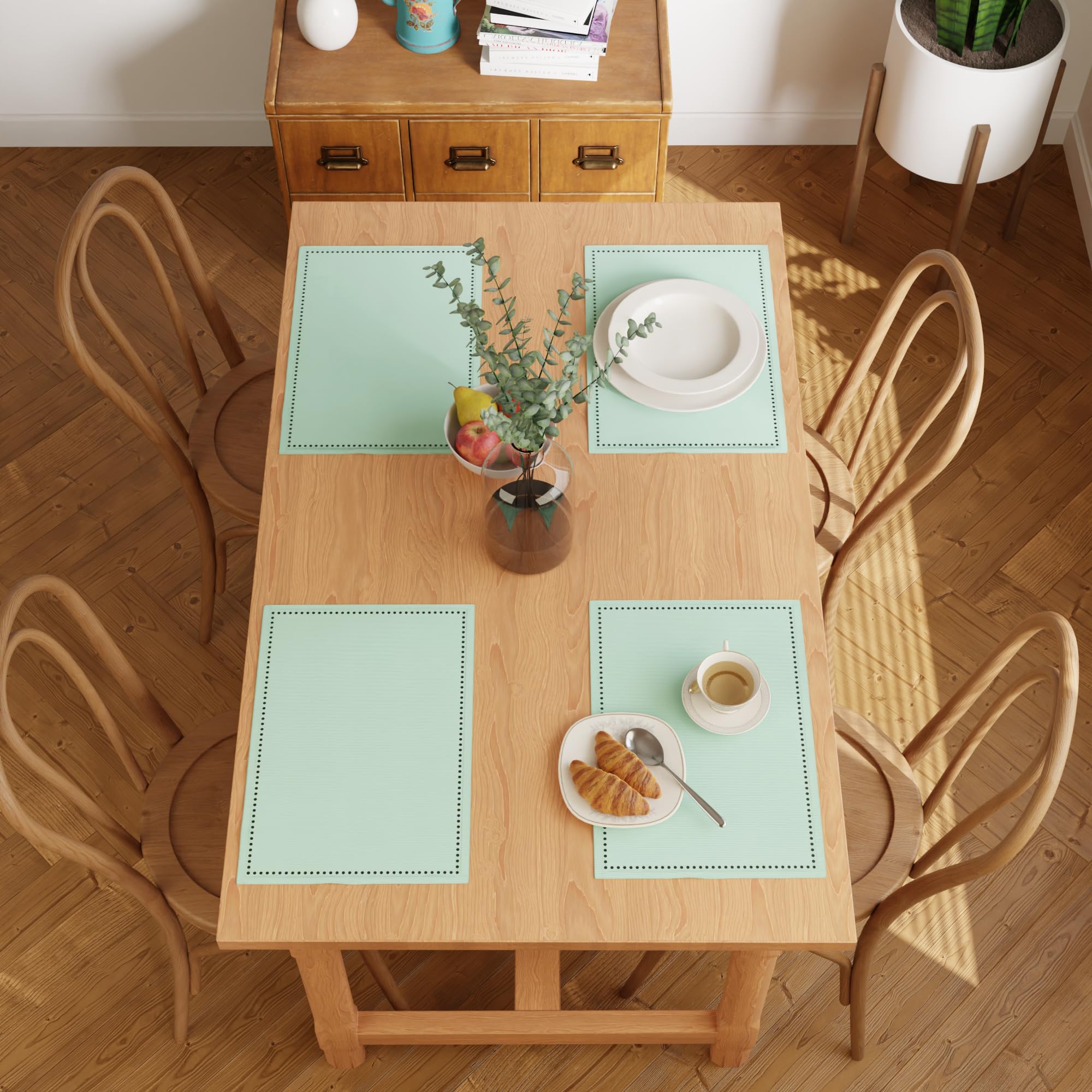 Encasa XO Tischsets Set aus 4 | Reine Baumwolle mit Hohlsaum-Design | Minzgrün | Rechteckige 48x32 cm - Tischuntersetzer | Maschinenwaschbar