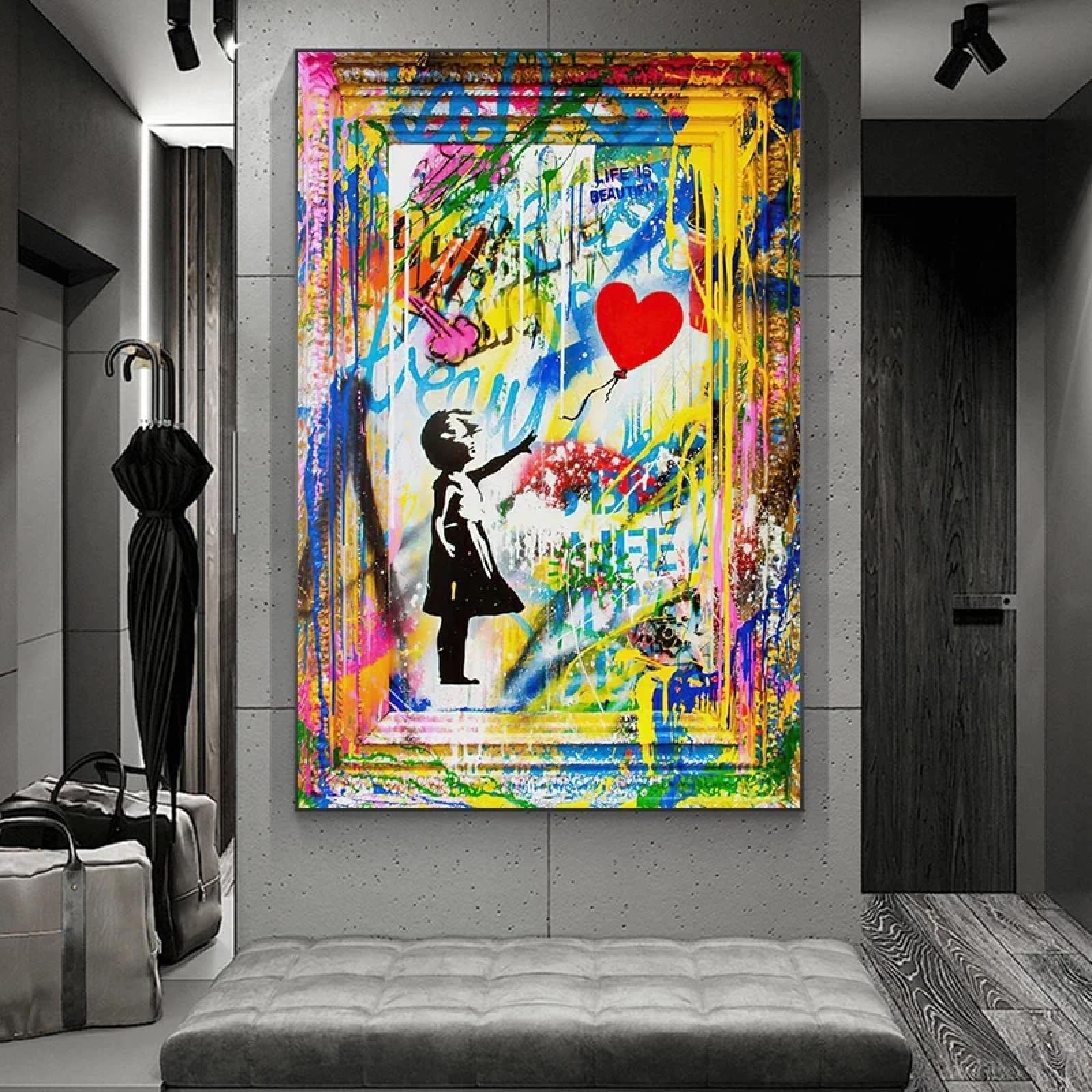 Amazon.co.jp: 赤い風船のキャンバスの絵画の抽象的なバンクシーの