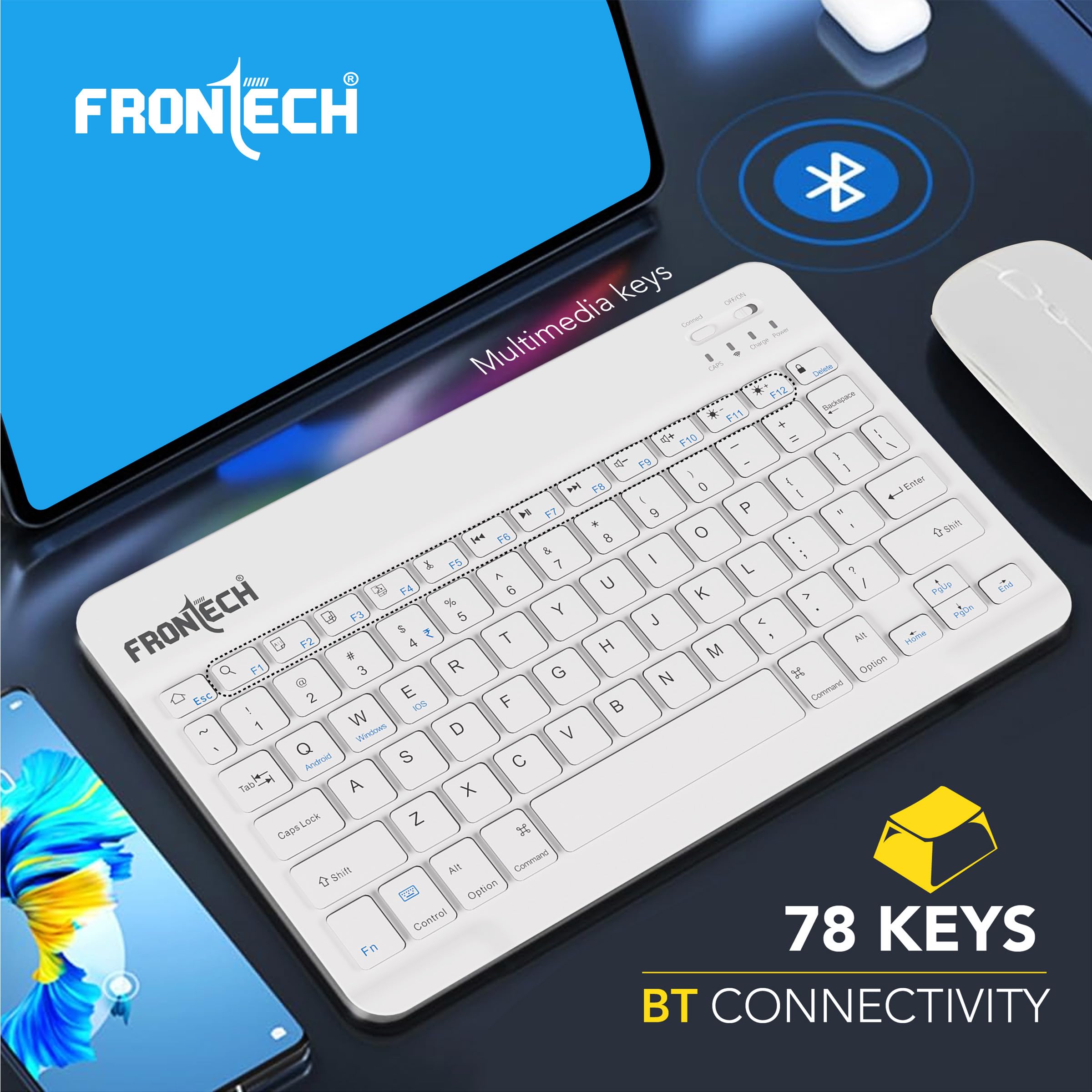 FRONTECH Wireless Mini Keyboard - 78 Keys, Bluetooth Connectivity, Rechargeable, Ultra Slim, Compact Design 1 Year Warranty (FT-1603AW) — Amazon image 3