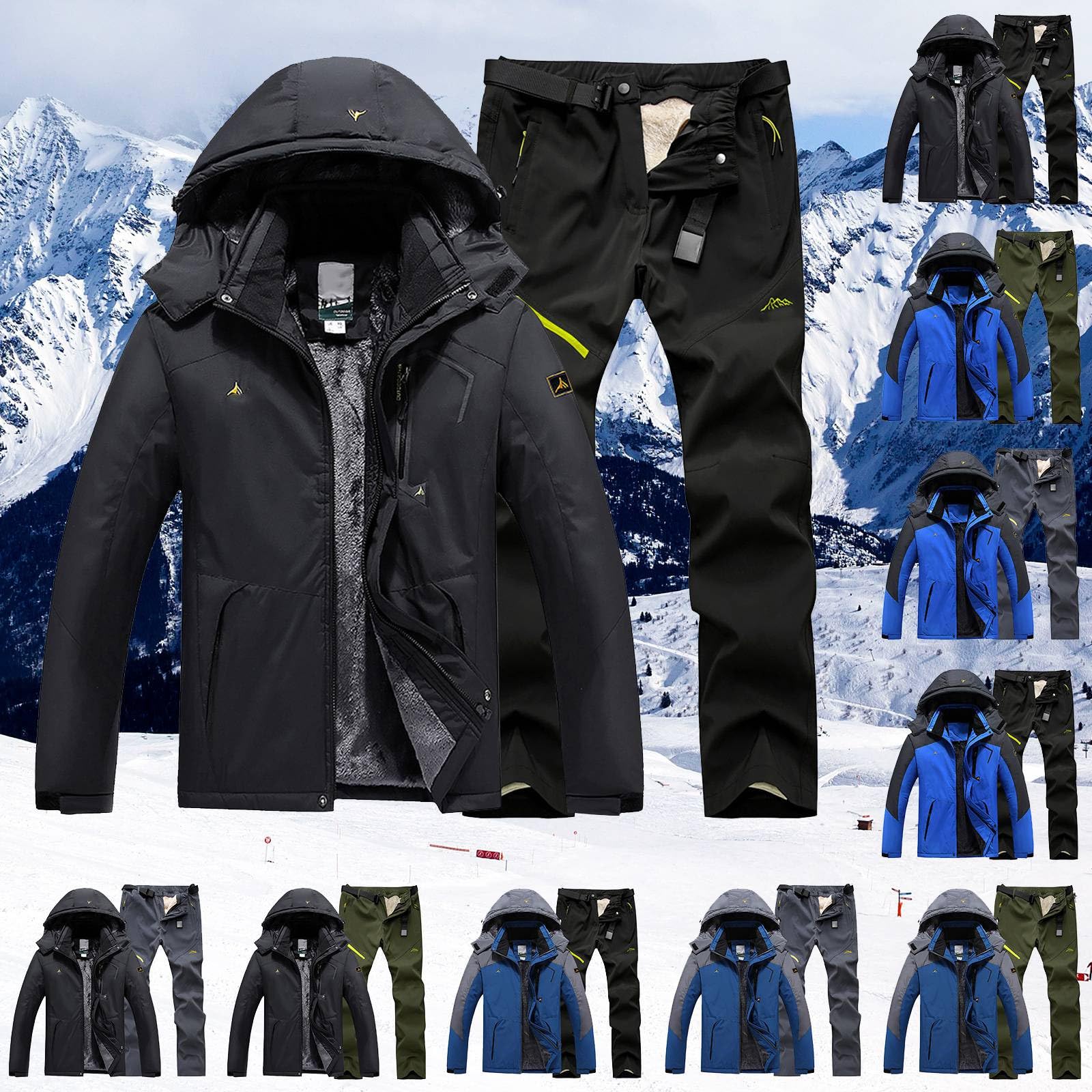 Generisch Traje de esquí para hombre, 2 piezas, cálido traje de nieve, chaqueta de esquí, chaqueta y pantalones, ropa de esquí con capucha, impermeable, abrigo de nieve