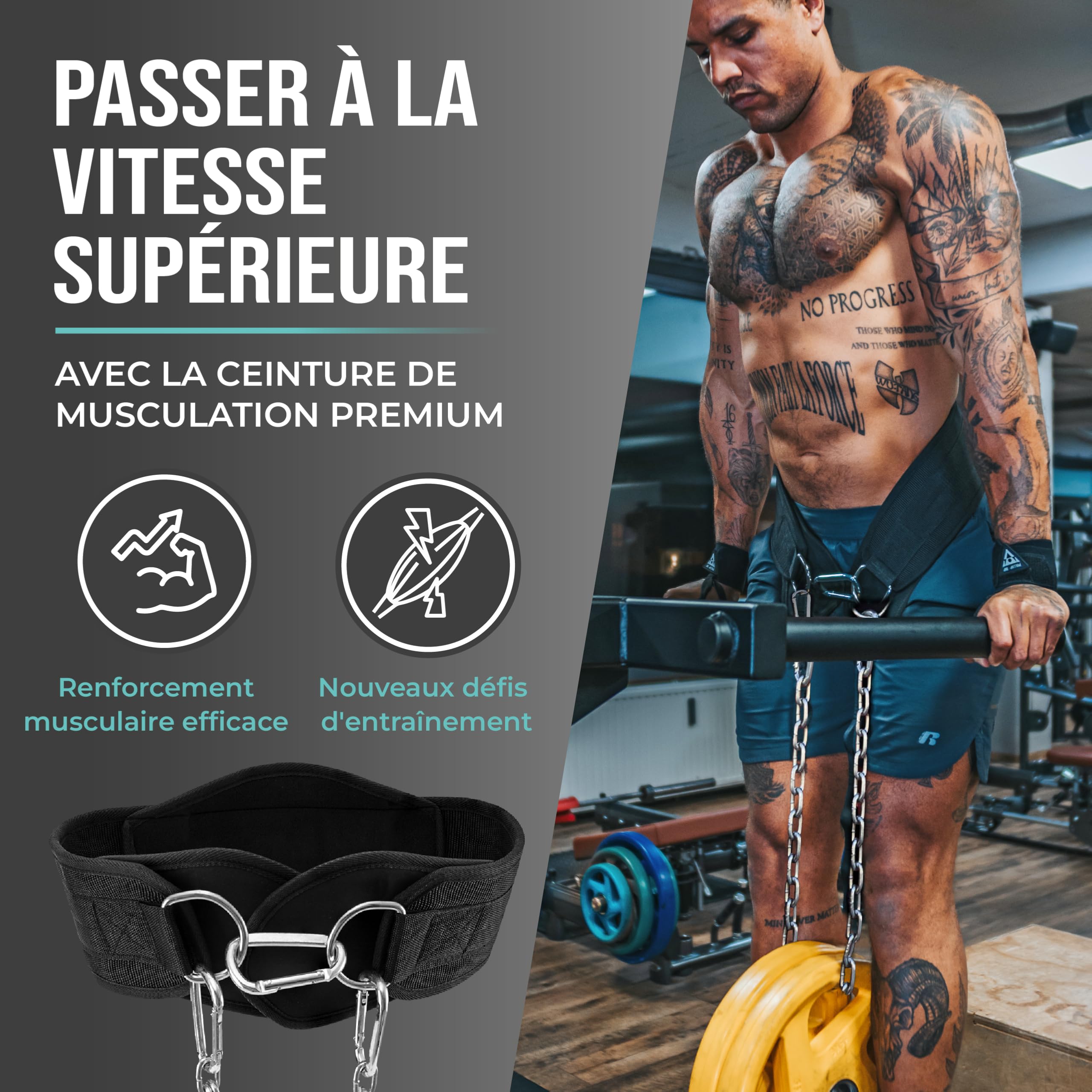 PULLUP & DIP Ceinture Lestee avec Chaîne et 3x Mousquetons, Dip Belt avec Rabats en Néoprène pour Protéger les Vêtements, Ceinture d'Haltérophilie, Dip Belt, Ceinture de Tractions pour Musculation