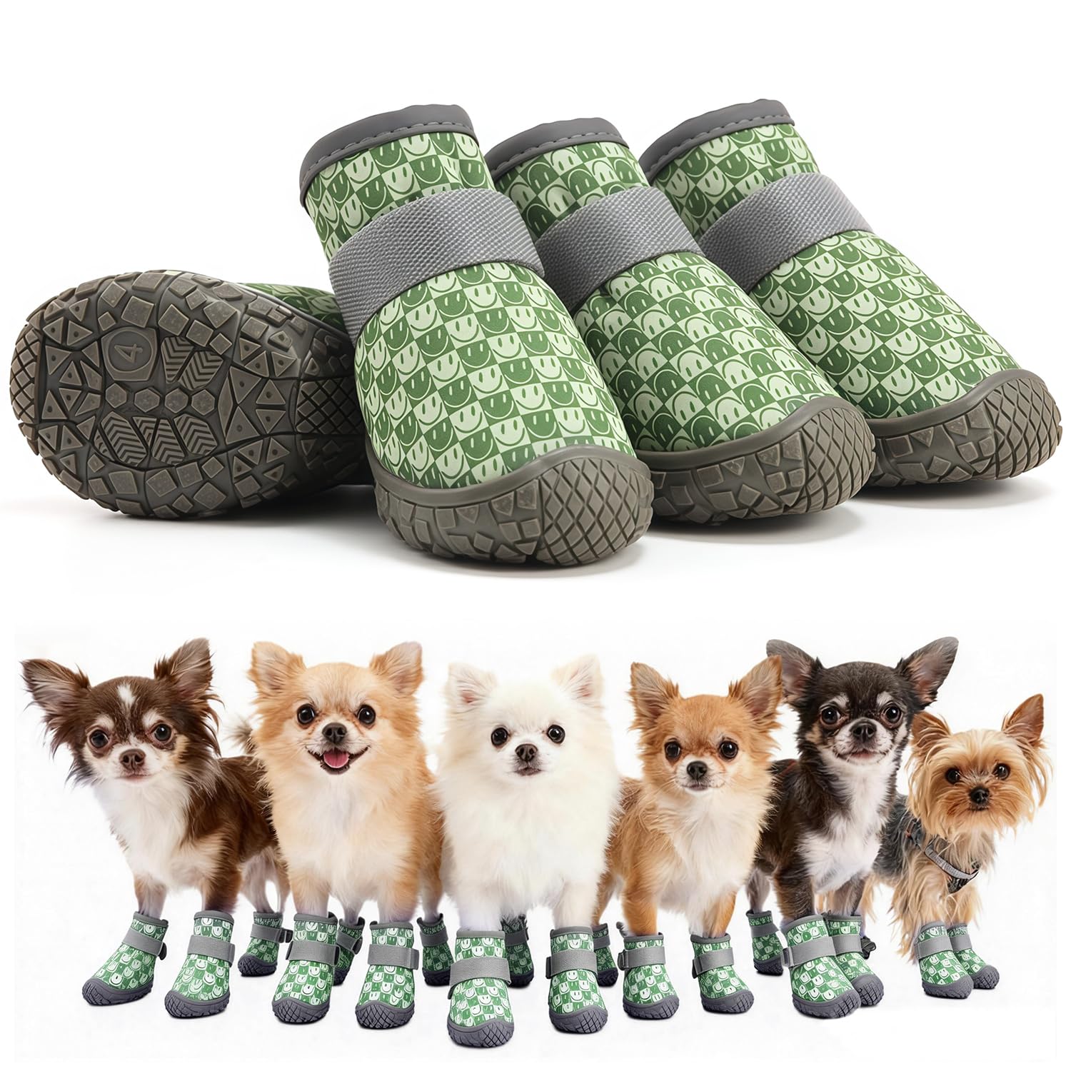 4-Piece Set of Dog Shoes, Green Waterproof Lightweight Dog Boots for Injured Paws, Flexible Paw Protectors with Non-Slip Sole for Small 6-9KG Dogs(Paw Length Within 4.8cm)