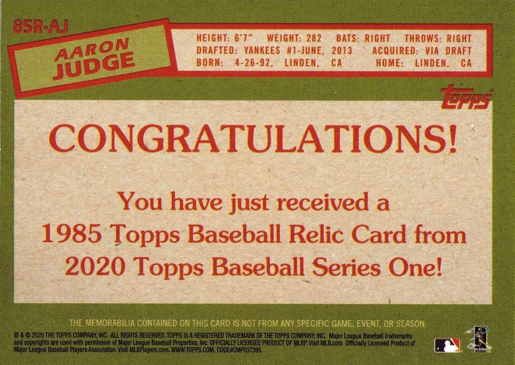 2020 Topps 1985 Relics #85R-AJ Aaron Judge Game Worn Yankees Jersey Baseball Card - Gray Swatch