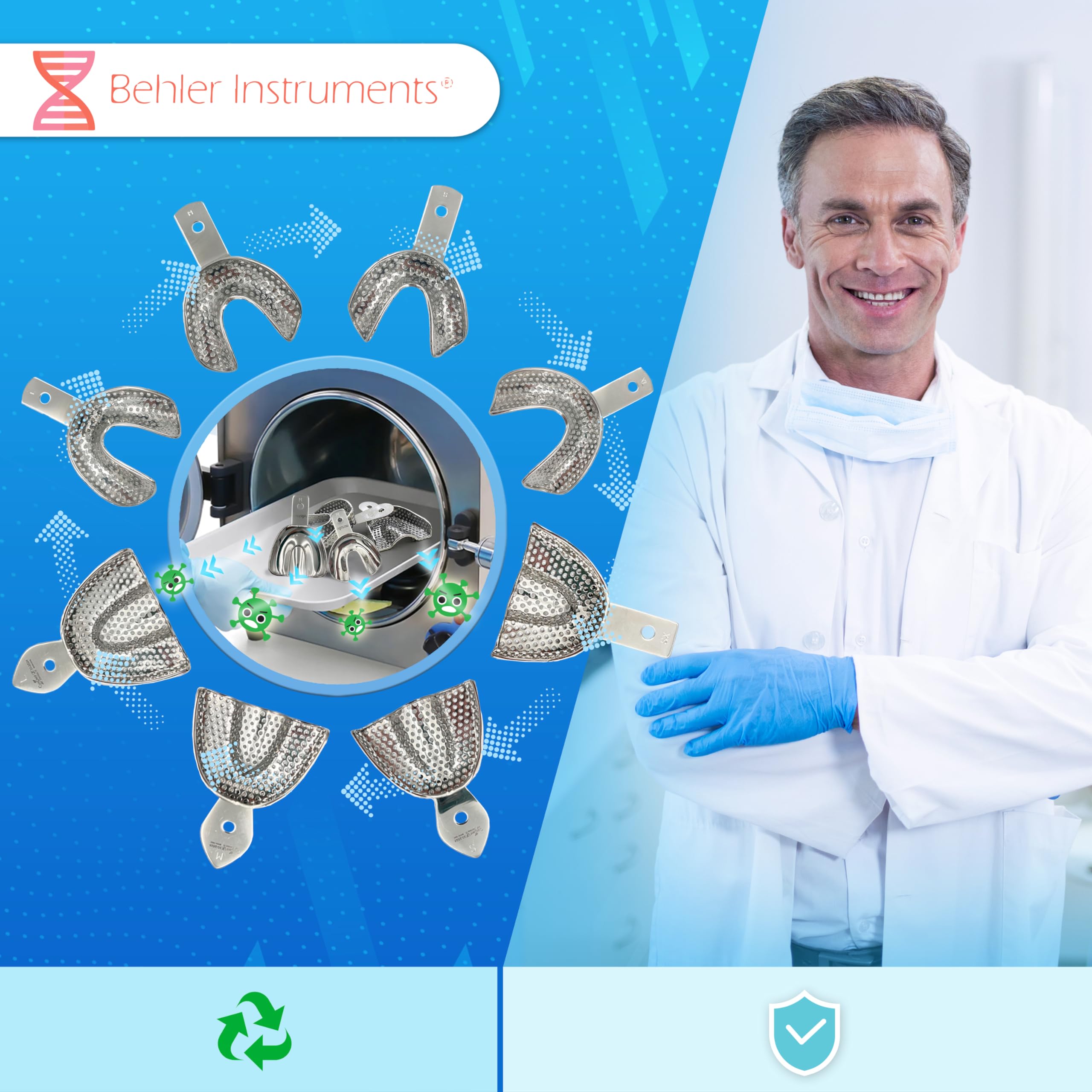PACK 8 Pezzi Vassoi per Impronte Dentali Individuali, Dentate con Perforazione - 4 Inferiori e 4 Superiori - Acciaio Inossidabile ad alta resistenza - Strumento Essenziale per Professionisti Dentali