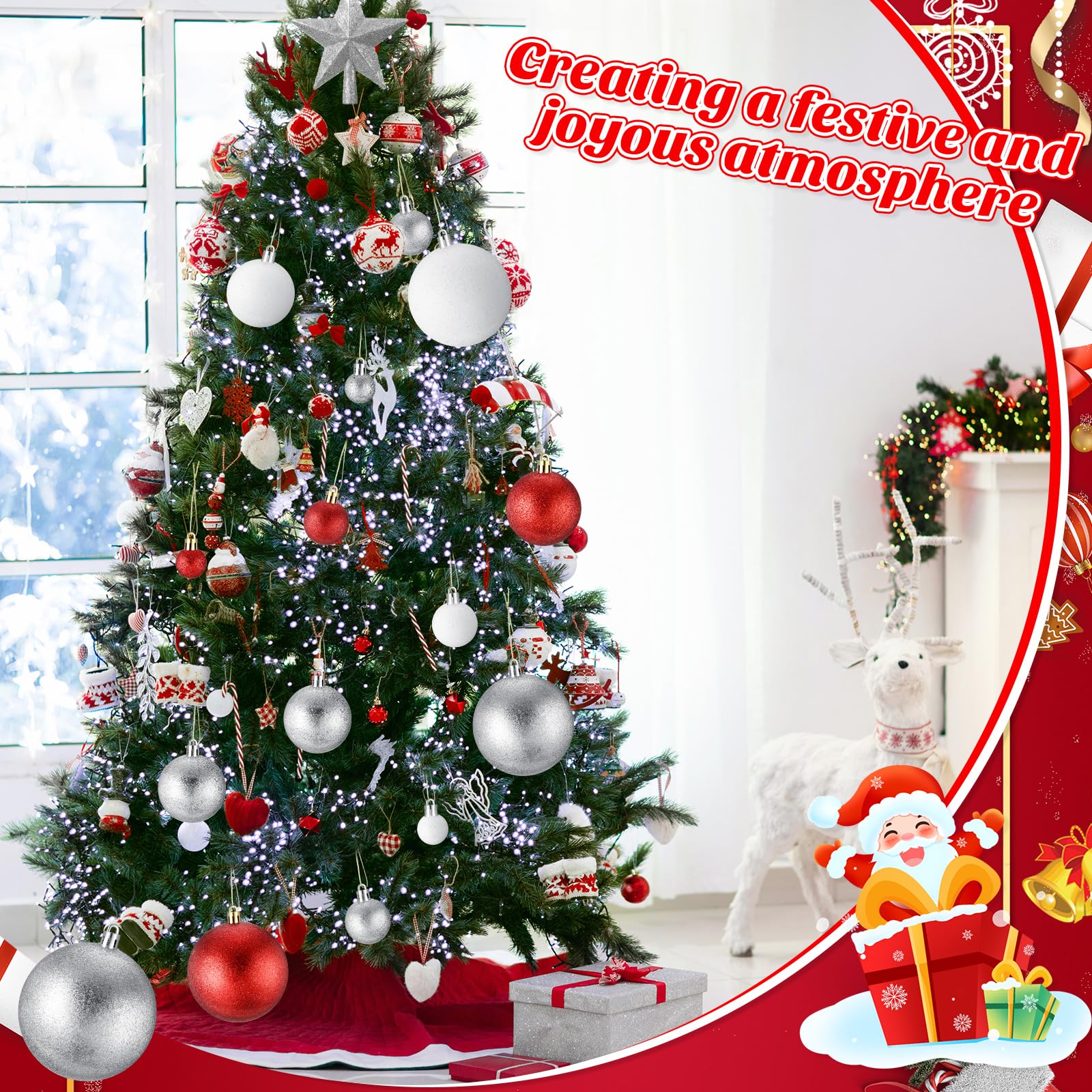 Outus Lot de 61 boules décoratives à paillettes incassables à suspendre pour sapin de Noël - 2,5 cm, 4,9 cm, 6,9 cm, 8 cm et étoile de sapin de Noël de 15,2 cm (rouge, blanc, argent)