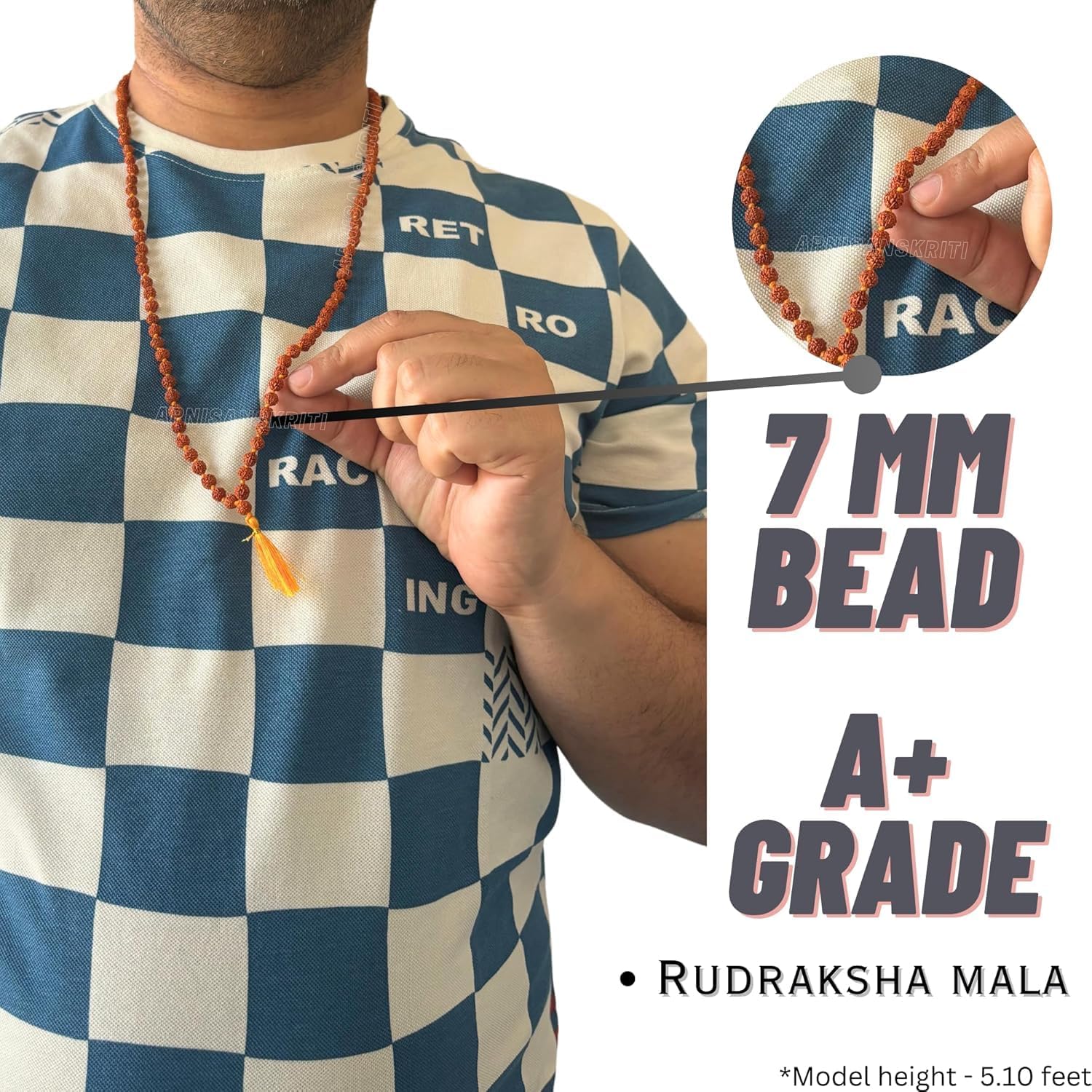5 Mukhi Rudraksha Kantha Mala for Men/Women Wearing (7mm, Medium Bead Size, 108+1) - A+ Grade - 100% Natural Brown Natural Color Panchmukhi Rudraksha Beads - Pack of 1