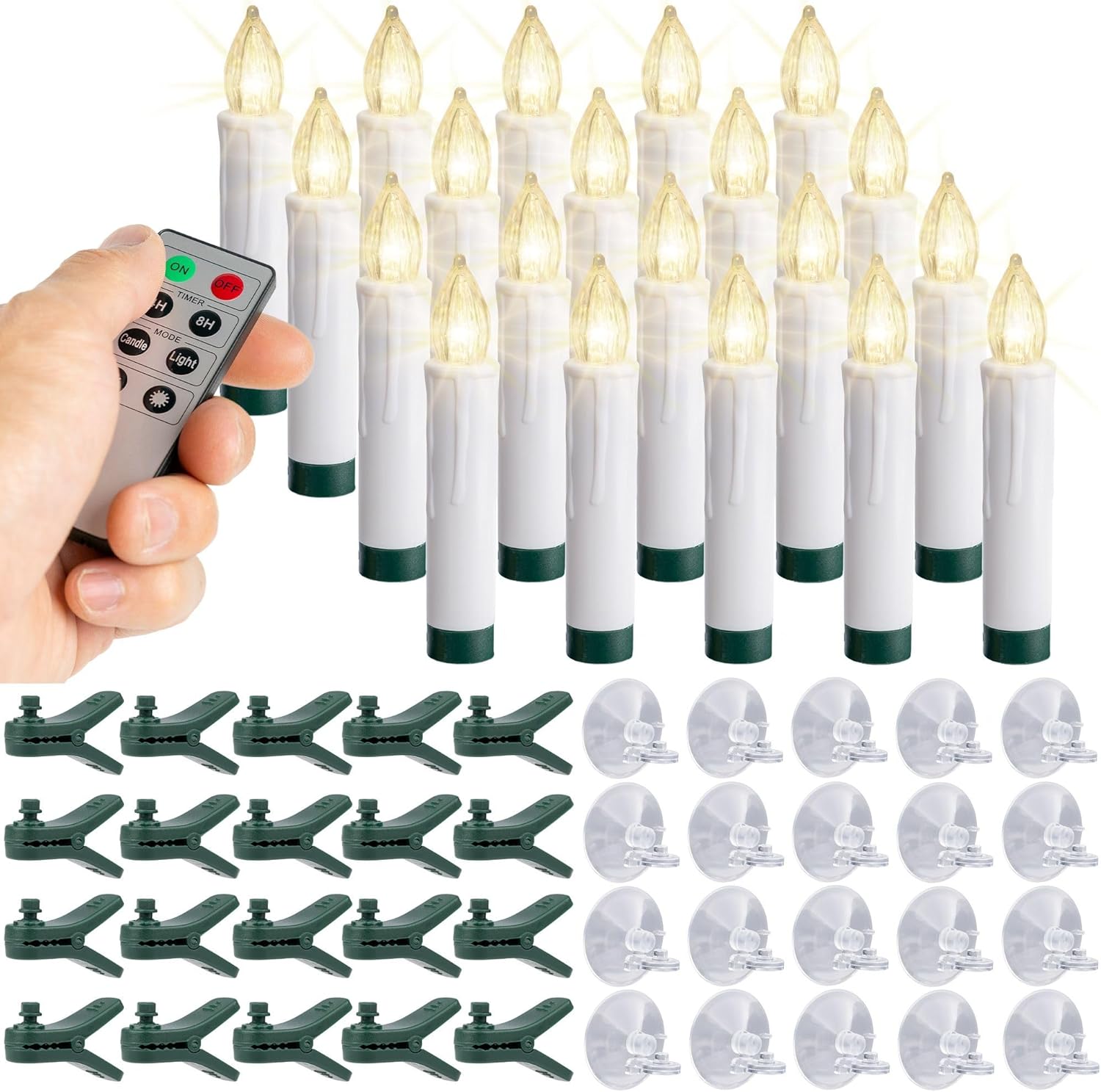 WYZworks 20 Pack LED Flameless Taper Clip On/Suction Cup Candles for Christmas Tree/Window Candles, 3.5" Flickering Warm White Candle Lights Ornaments, Crown Wreath, Battery Operated, Remote/Timer