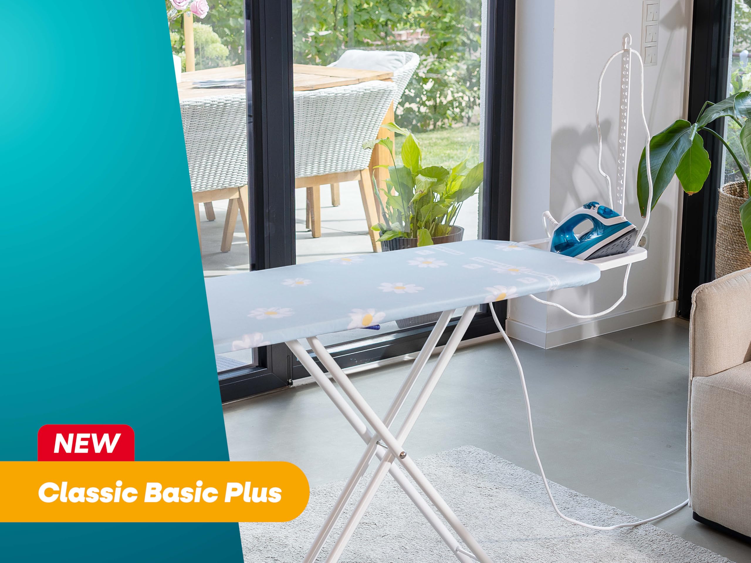 Leifheit Bügelbrett Classic M Basic Plus, Bügeltisch Fläche bis 120 x 38 cm | Bügelfläche aus Streckmetall, höhenverstellbar 69-88 cm, Ablage für Dampfbügeleisen, Kabelhalter, Rostschutz, florales Muster