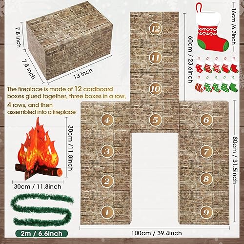 Miniatura 2 de 34 chimeneas de cartón de Navidad 3D de 39 x 59 pulgadas, chimenea artificial de Navidad con medias de llama de fuego 3D, guirnalda de pino, telón