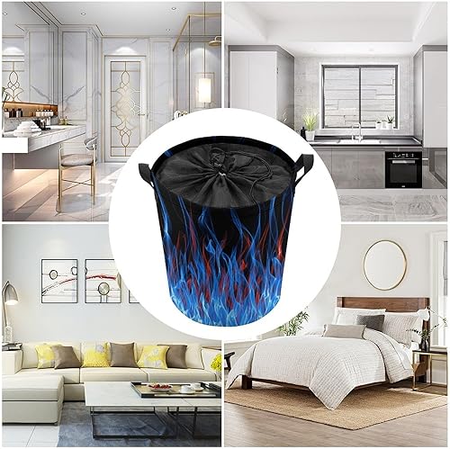 Miniatura 5 de Cesta de lavandería de llama de fuego azul y roja con tapa, plegable, con cordón, bolsa de almacenamiento con asa