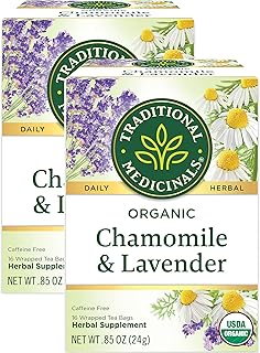 Traditional Medicinals Organic Chamomile & Lavender Herbal Tea, Settles Nervous System, (Pack of 2) - 32 Tea Bags Total