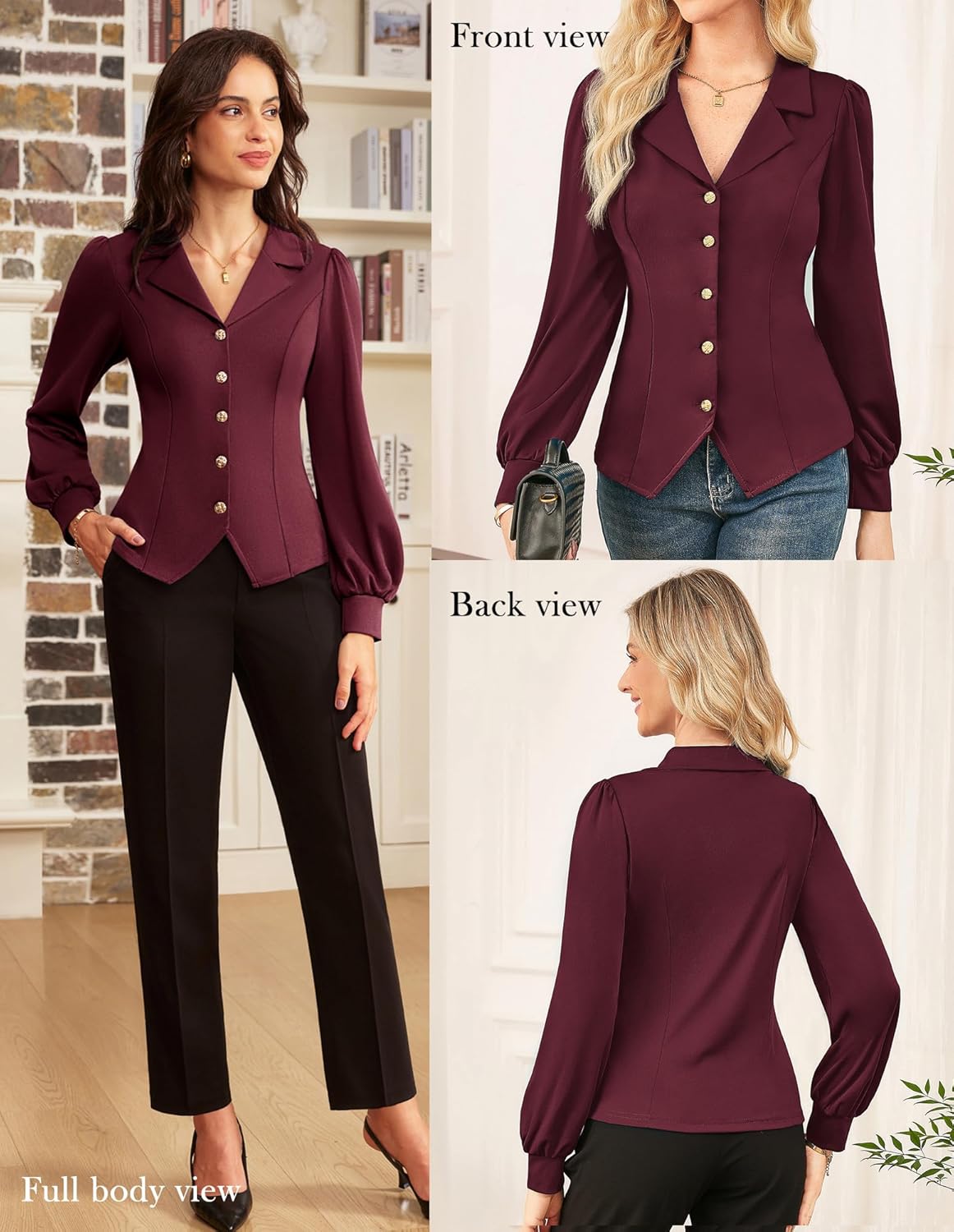 GRACE KARIN Work Shirts for Women Lantern Long Sleeve V Neck Blouse Button Down Elegant Business Office Top - Image 2