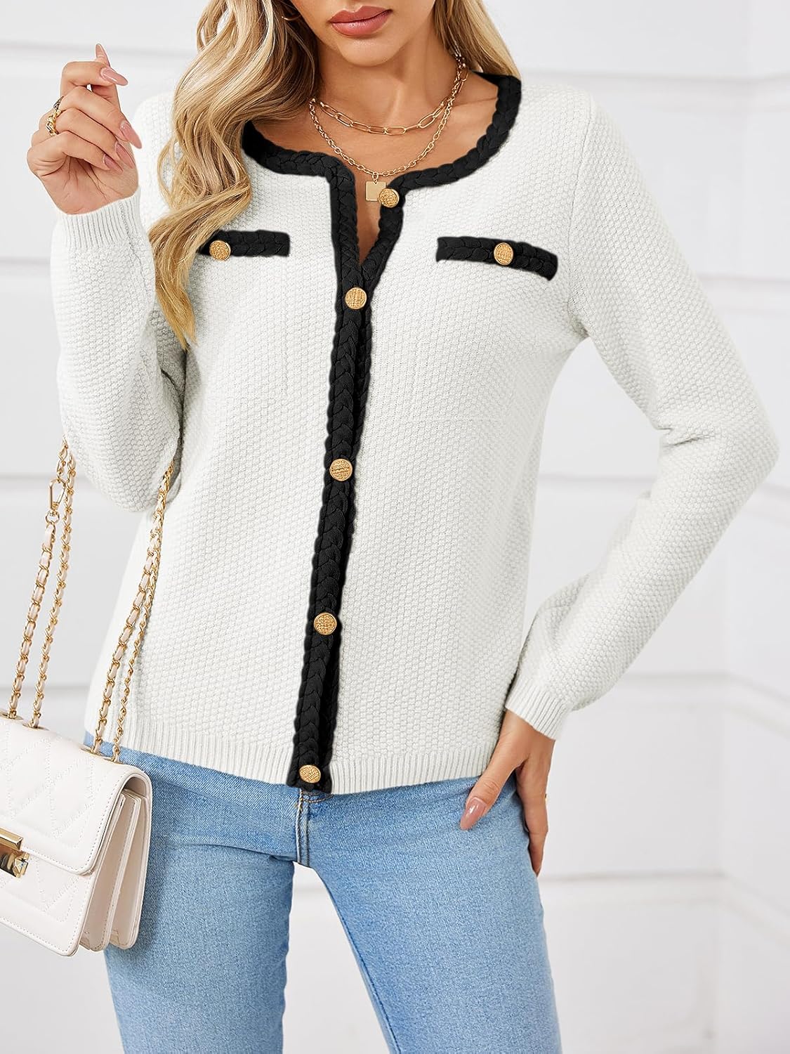 Saodimallsu Womens Button Up Cardigan Long Sleeve Open Front Cable Knit Fall Trendy Sweater Jacket with Pockets - Image 3