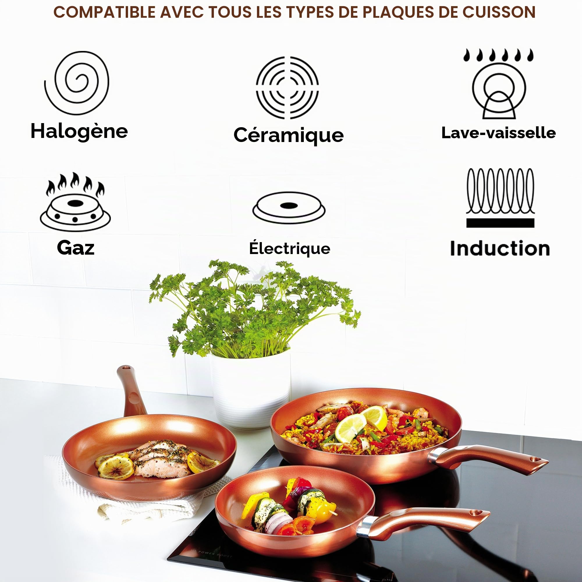 Batterie de Cuisine 5 pièces Copper Collection - Comprend 2 poêles et 3 casseroles - Revêtement Anti-adhésif en céramique avec extérieur en cuivre métallique - Compatible avec Tous Les Types de