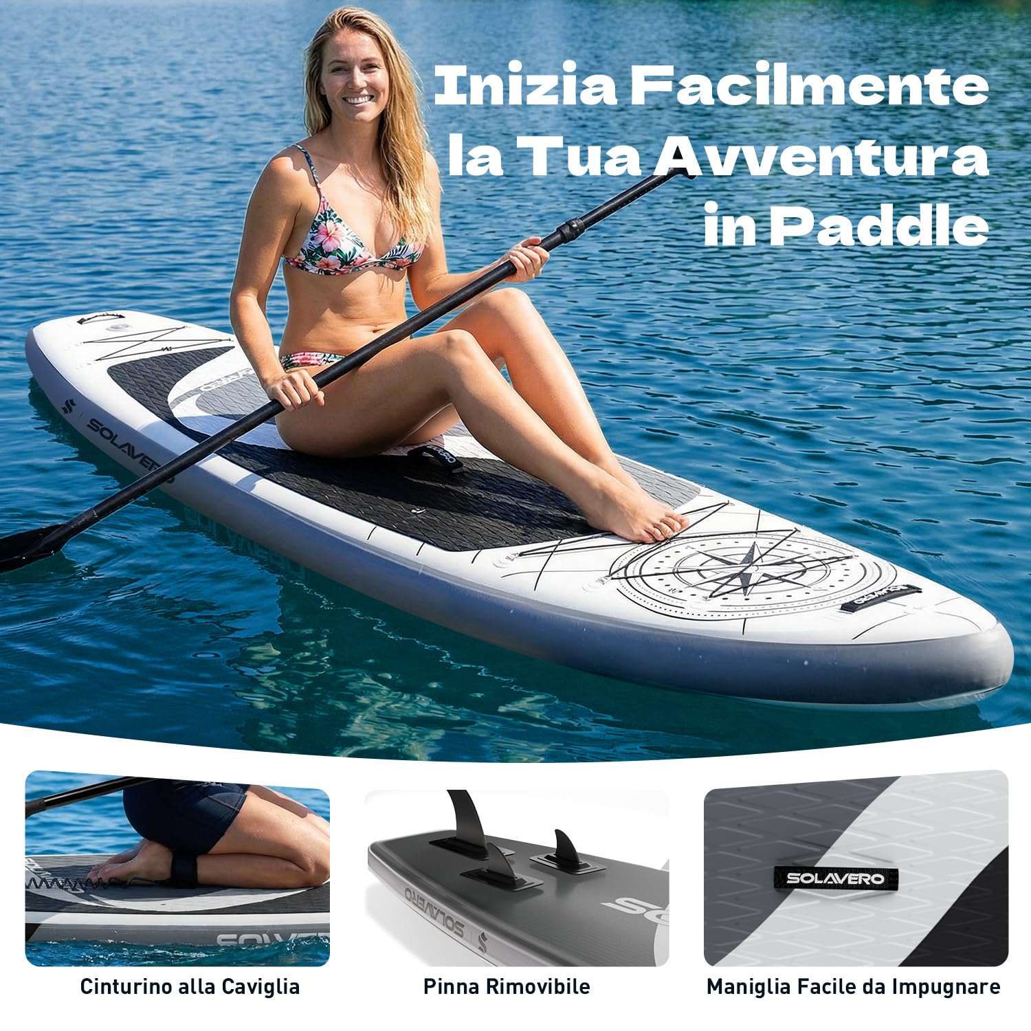 SOLAVERO Tavola SUP Gonfiabile Adulti 210kg Offerta, 350 x 89 x 15 cm Stand Up Paddle Board 2 Persone con Pompa, Pagaia Regolabile, Leash, Custodia Impermeabile e Zaino