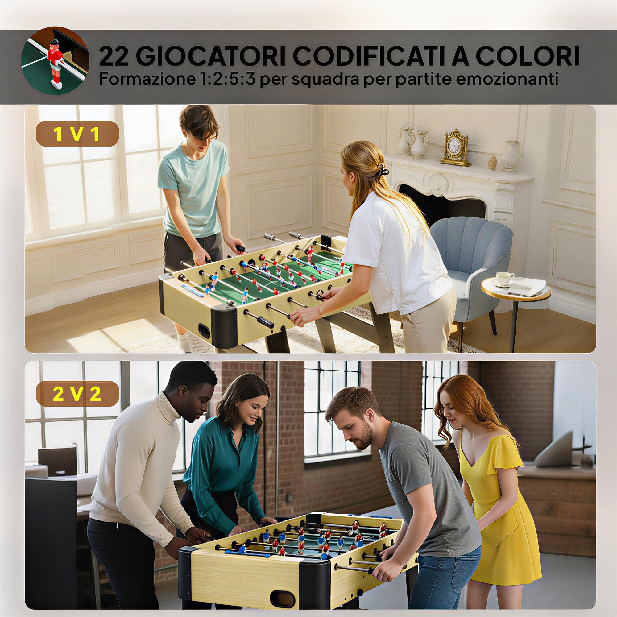SPORTNOW Calcio Balilla Pieghevole per Casa 118x107.5x78 cm Color Legno | Maniglie Antiscivolo, 8 Aste, 22 Giocatori, 2 Palline, Segnapunti, Biliardino per Bambini Adulti Scuola Ufficio Feste