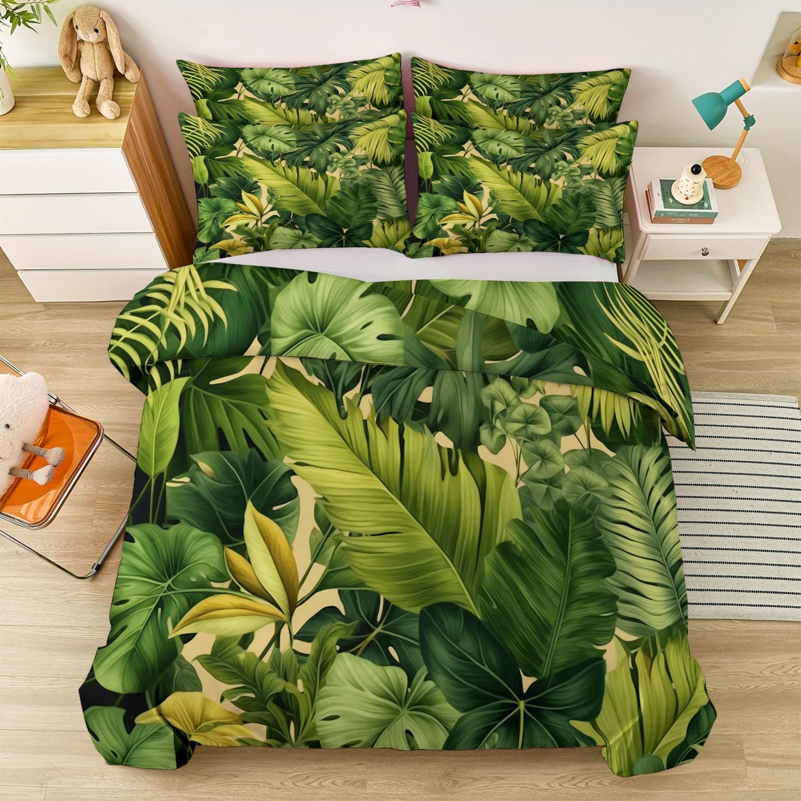 Housse de couette 240 x 260 cm en microfibre douce imprimé plante vert feuille
