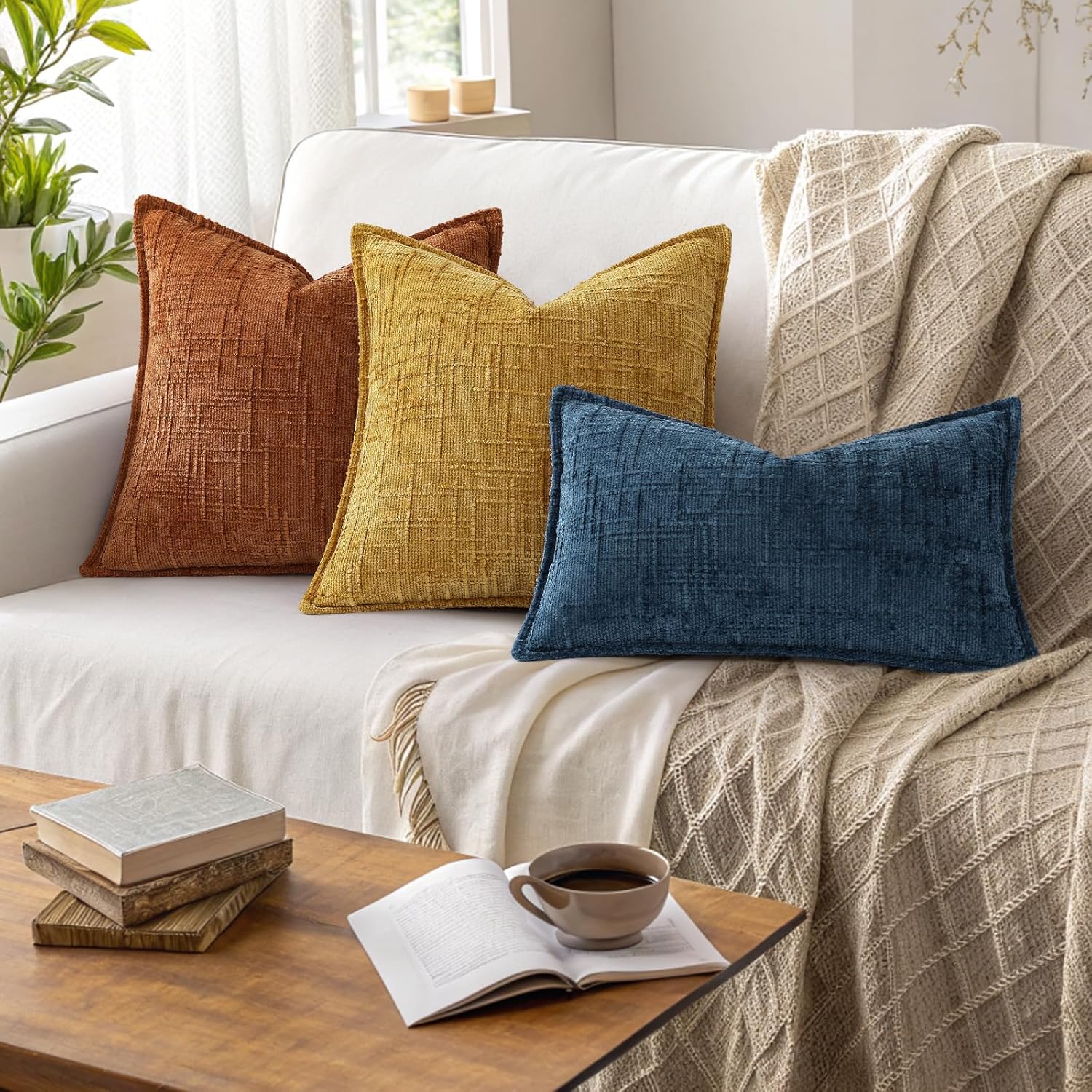 decorUhome Chenille Throw Pillow Covers 18x18 Set of 2, Thick Textured Slubby Neutral Decorative Pillow Covers with Elegant Design for Couch, Sofa, Living Room, Rust - Image 5