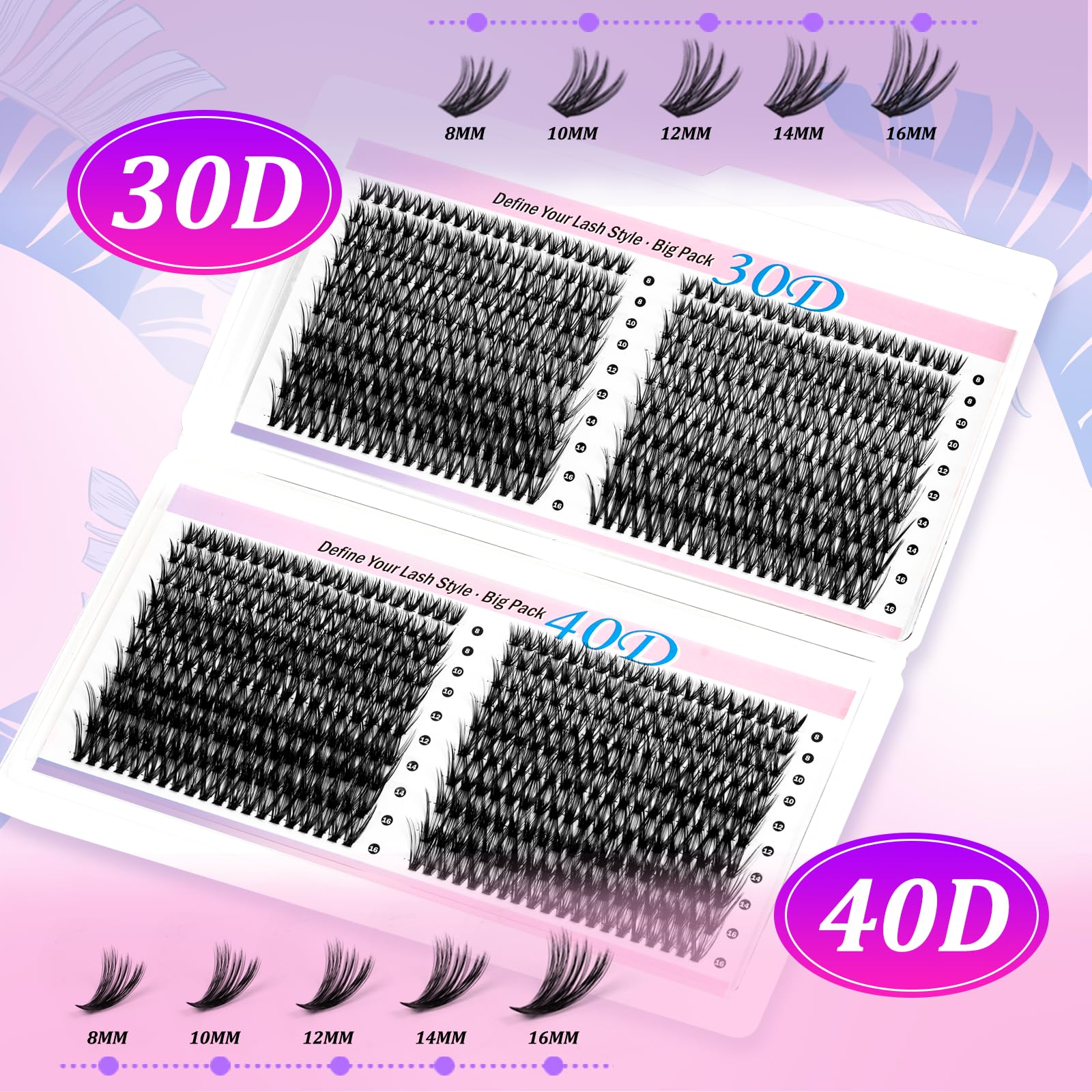 Lash Clusters Kit Wispy Lash Clusters 30D+40D Eyelash Clusters DIY Individual Lashes Clusters Kit 800pcs 8-16mm Self Adhesive Eyelashes Kit Thin Band Lash Bond and Seal Tweezers
