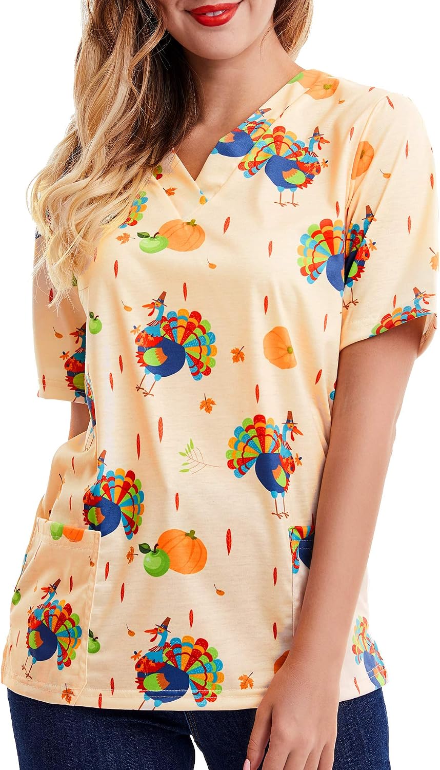 SATINIOR Women Mock Wrap Scrub Top Holiday Thanksgiving Halloween Print Neck Shirt, Turkey Color