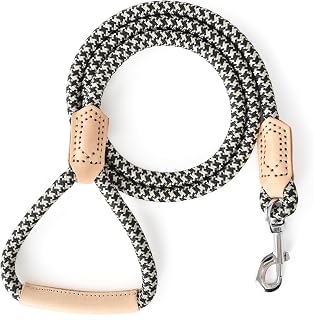 Mile High Life Dog Leash with Genuine Leather-Wrapped Ends/Handle, 4/5/6FT | Tangle-Free 360° Swivel Clasp Heavy Duty Rope Leash | Medium Large Dogs | Daily Walking Training (Black Beige, 72 Inch-1/2)