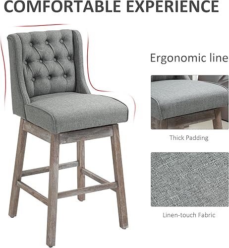 Miniatura 4 de HOMCOM Juego de 2 taburetes de bar de altura de bar, taburetes de bar giratorios de 180 grados, sillas de bar de altura de asiento de 30 pulgadas