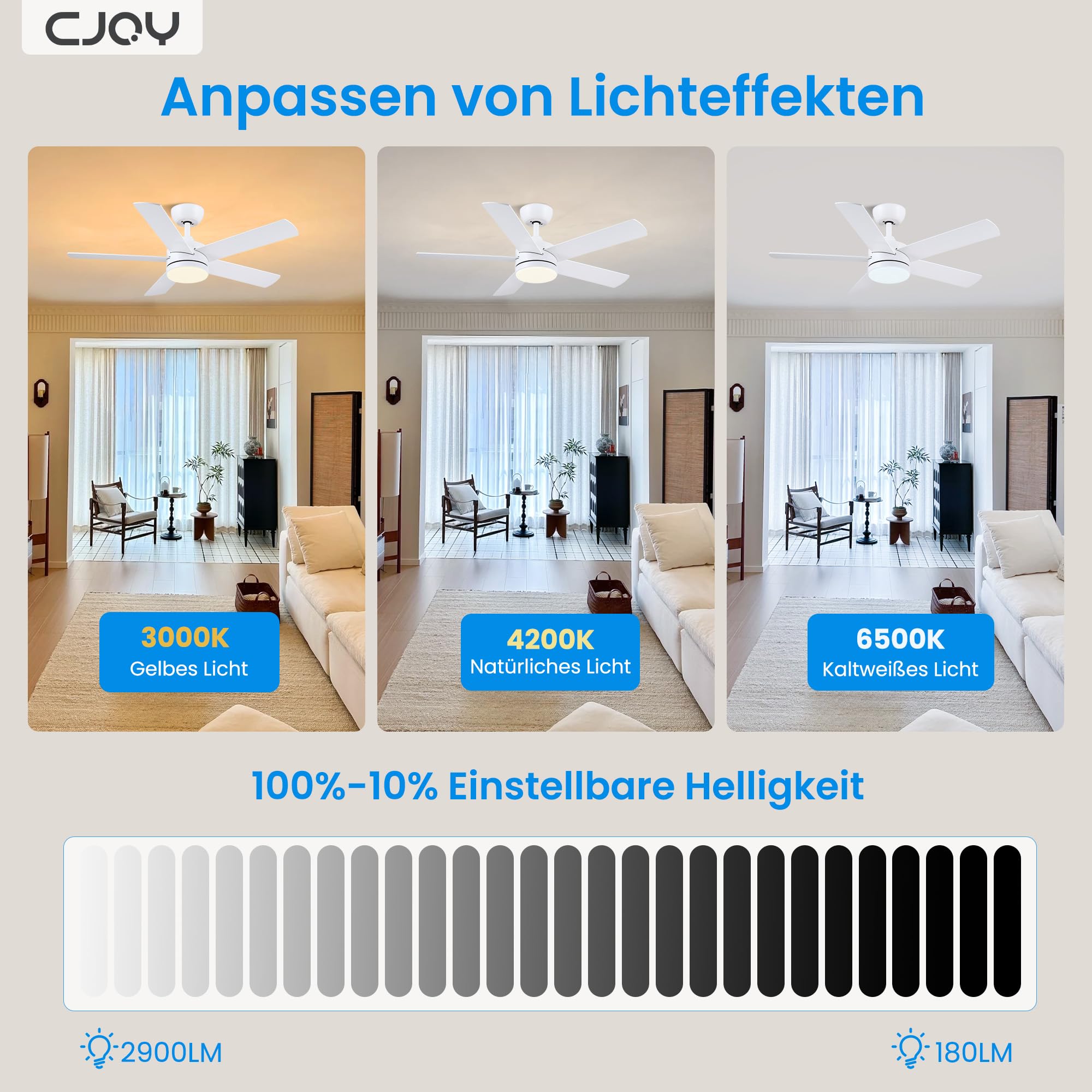 CJOY Deckenventilator mit Beleuchtung 107cm Weiß/Holz Fernbedienung Leise 3 CCT 5 Blätter Umkehrbar