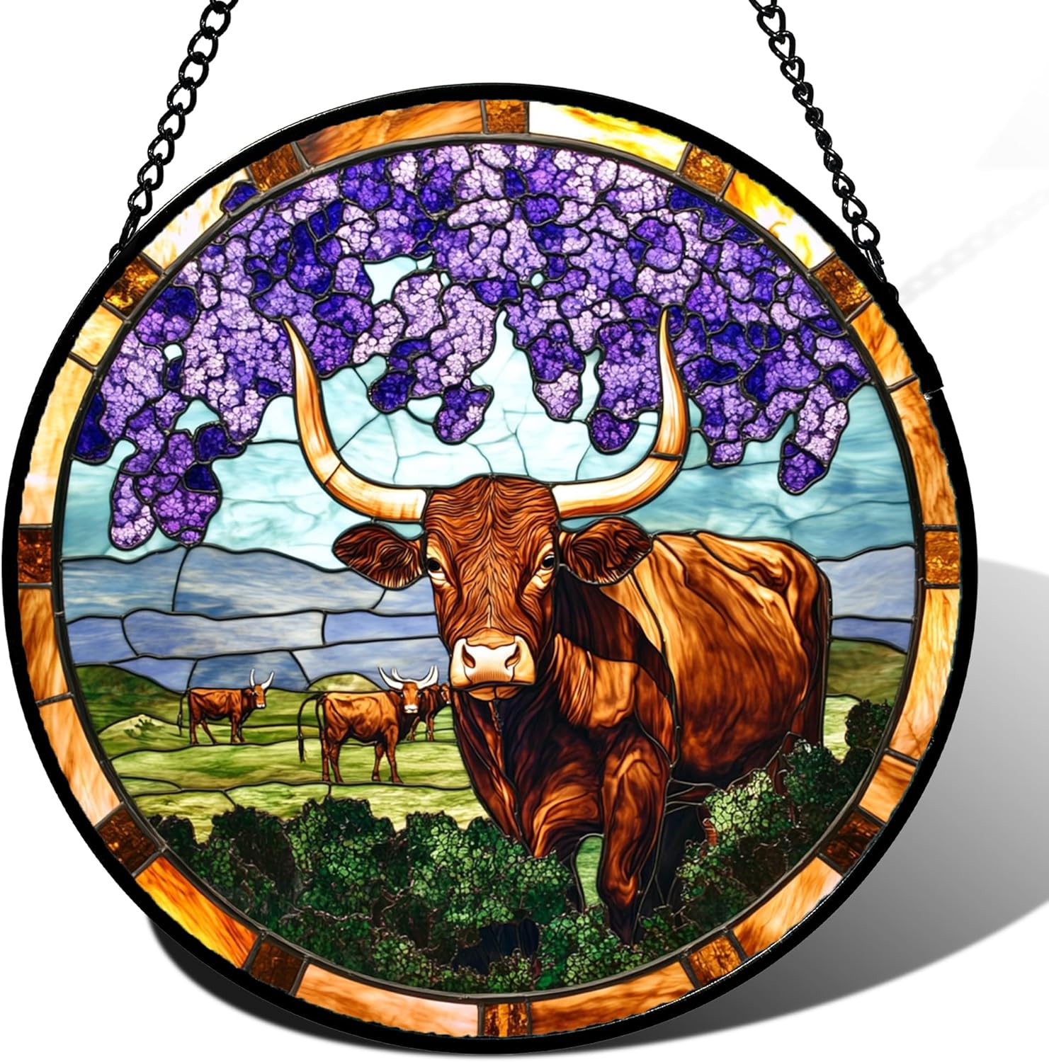 Stained Glass Window Hanging Purple Wildflowers Ranch Cow Large 11.8" - Suncatcher Door Garden Sun Catcher Home Decor Birthday Christmas for Mom Men Woman Nana Friends Wife