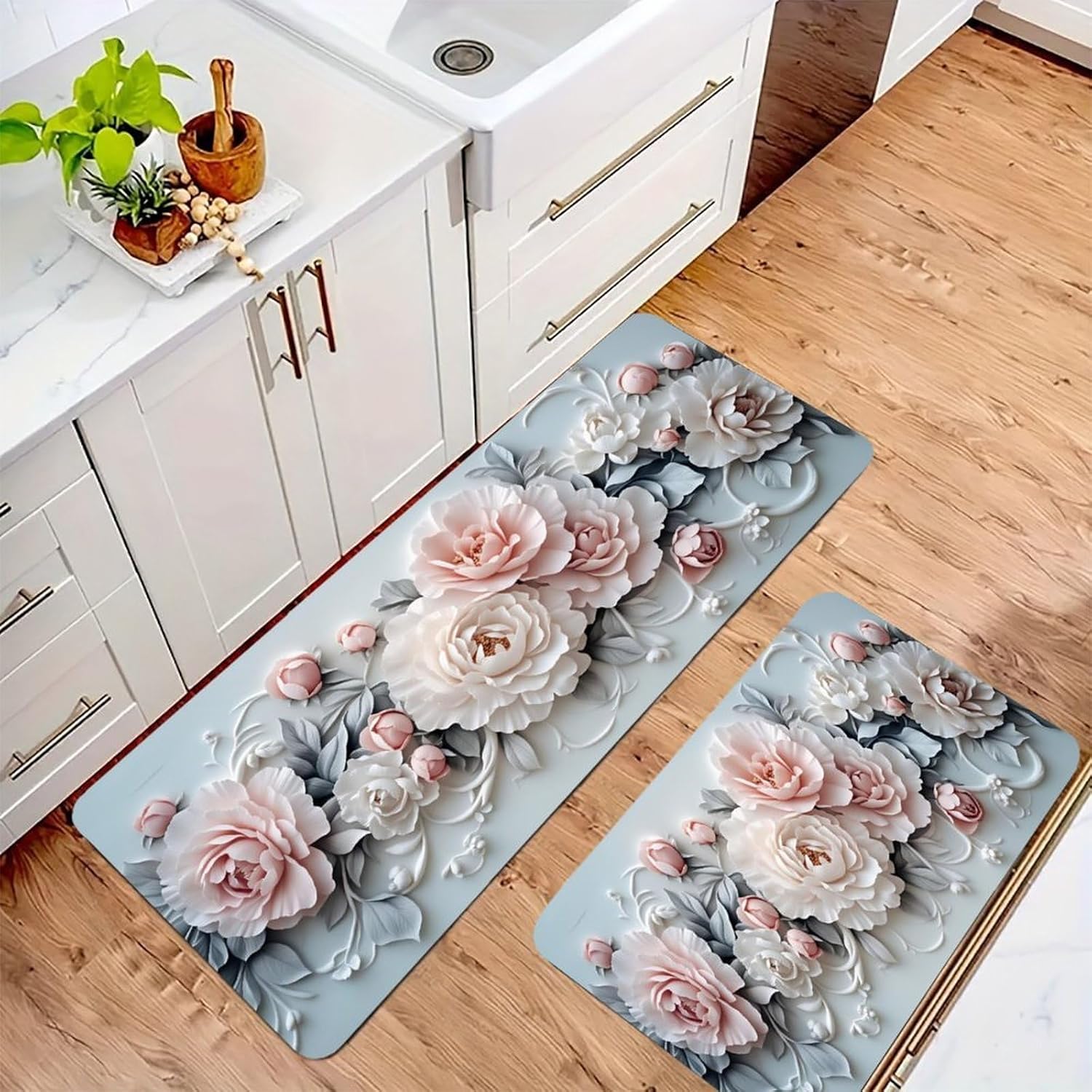 Pink Peonies Anti Fatigue Kitchen Mats 2 Piece Set, 17x47 + 16x24 Inch Cushioned Non-Slip Waterproof Washable Floor & Standing Desk Mat for Kitchen, Laundry, Office