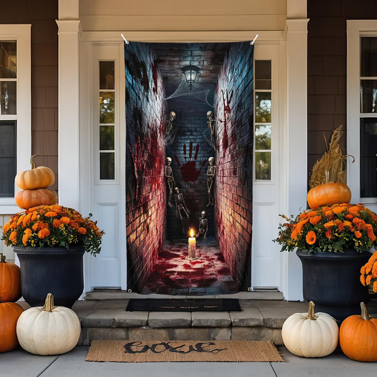 Dekoracje na drzwi Halloween, baner, cukierek albo psikus, Halloween, osłona drzwi, tkanina, horror, szkielet, korytarz, wiszące drzwi, Halloween, baner, dekoracja na drzwi wejściowe, werandę, na
