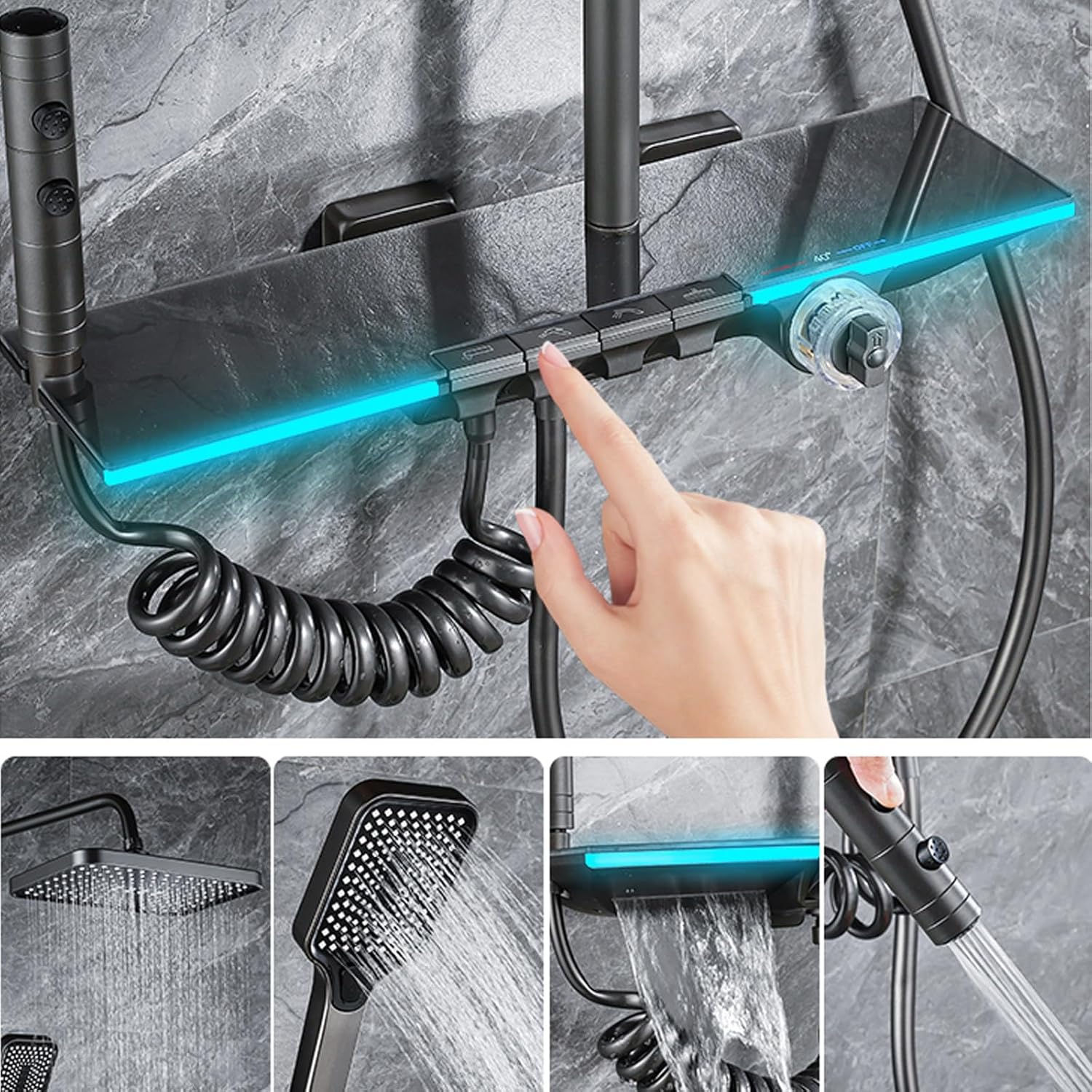 Shower System, Digital Display Bathroom Shower Faucet Set Gray Shower Set 4 Functions Shower Fixtures Shower Kit with Handheld Shower Head, Rain Shower Head, Bidet Sprayer, Bathtub