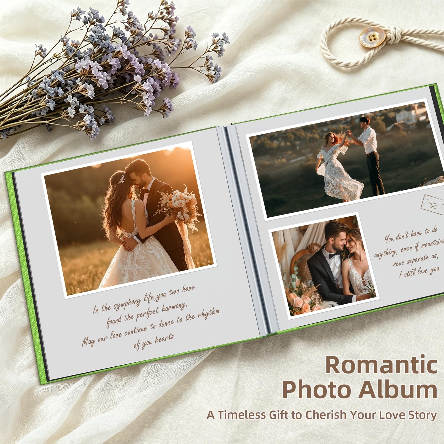 Popotop Álbum de fotos autoadhesivo con ventana de visualización de imágenes, 60 páginas, álbum de recortes para fotos de 4 x 6 a 10 x 12 pulgadas, libro de recuerdos con cubierta de lino para boda