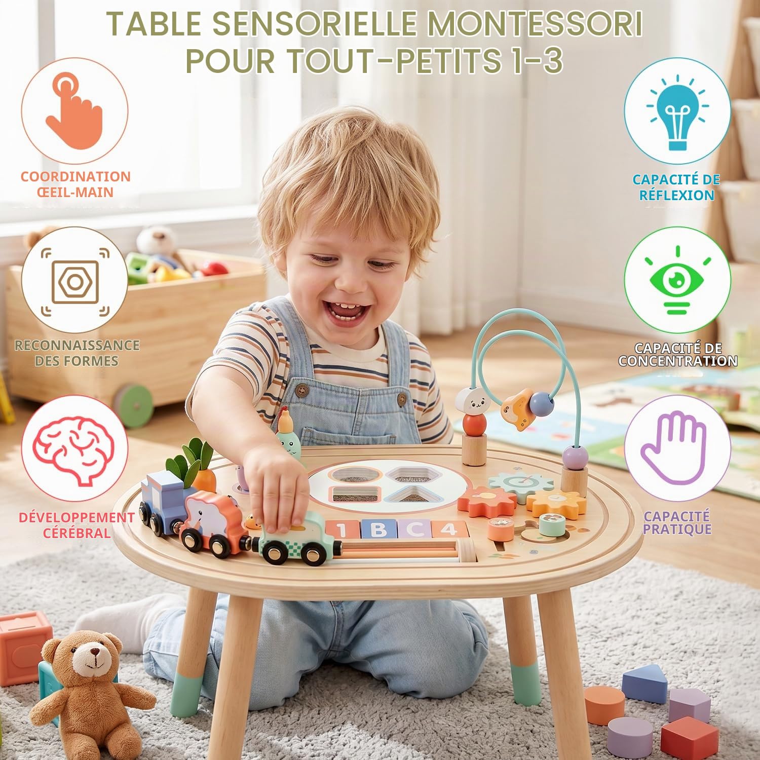 10-en-1 Table D'activités Bébé, Jouets en Bois Montessori 1 2 3 Ans | Jouet Éducatif Sensoriel avec Jeu de Pêche, Trieur de Formes, Jeux de Motricité, Cadeau Anniversaire Noël Fille Garçon