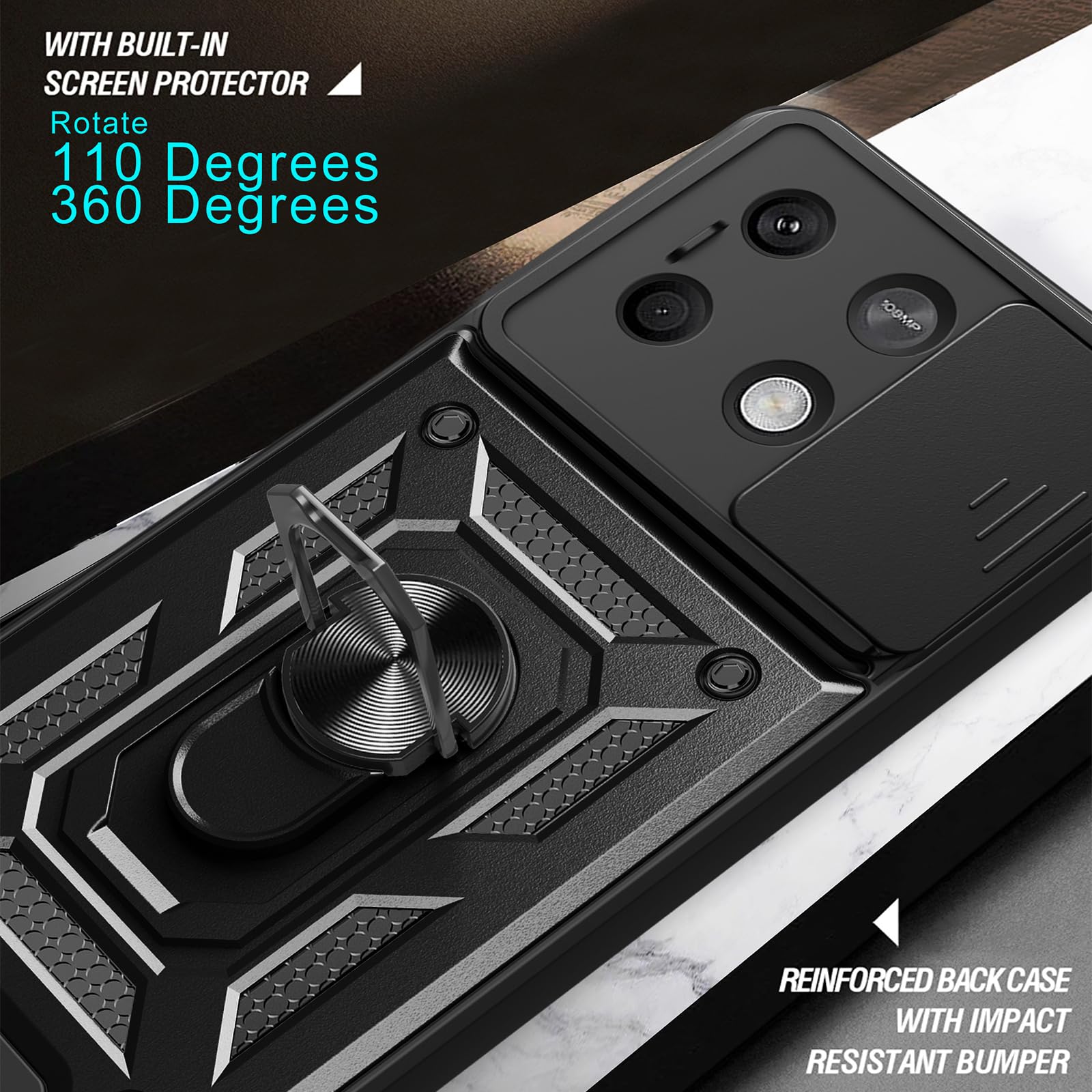 KANSi Cover per Xiaomi Poco X6 5G / Redmi Note 13 Pro 5G (Non per 4G) con Vetro Temperato*2, Custodia Protettiva per Smartphone con Anello Rotante - Antiurto Bumper Nero