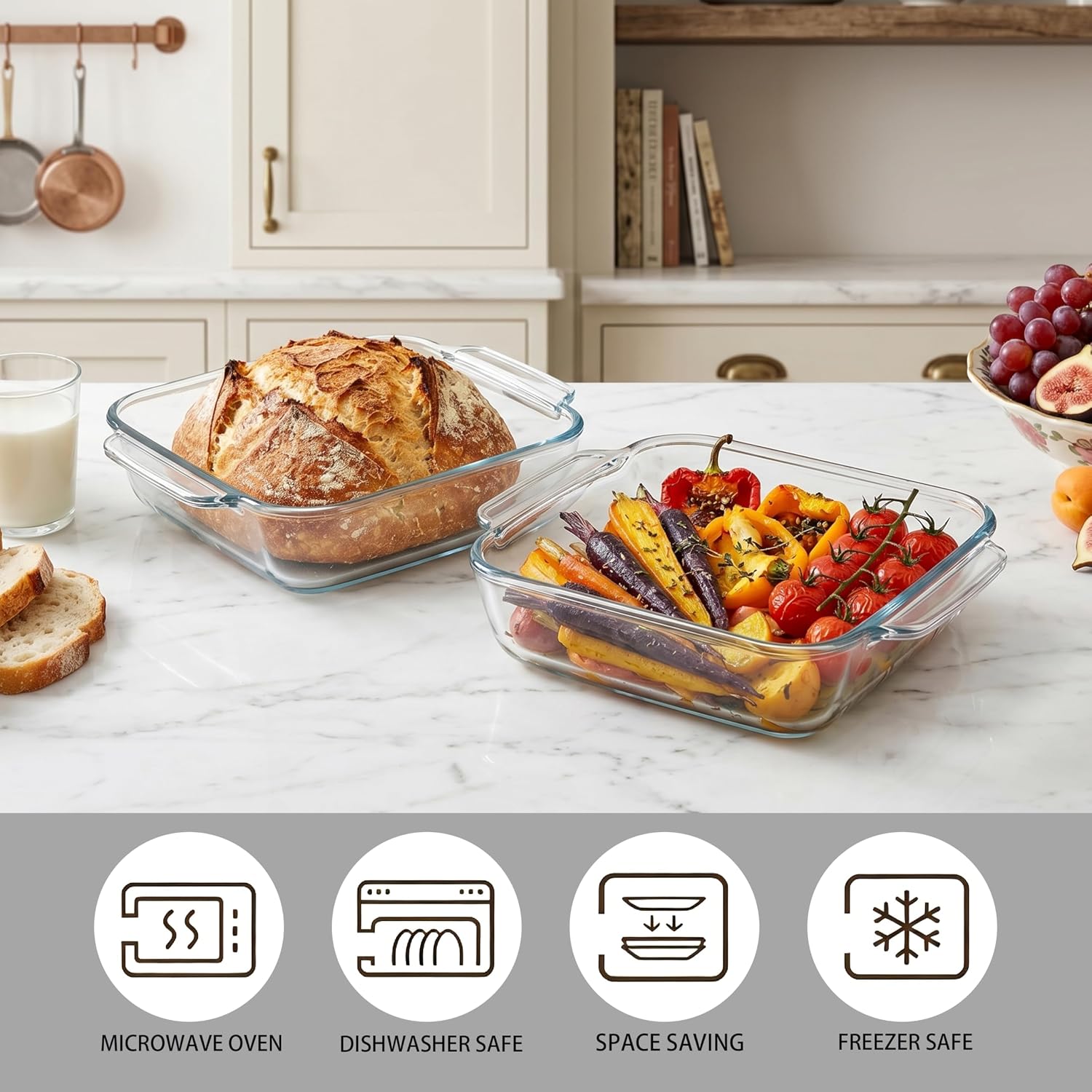 2 Pack Glass Baking Dishes, 8 * 8-Inch Small Square Casserole Pan for Oven | 2QT, Borosilicate glass, Heat-resistant, Microwave & freezer and dishwasher safe