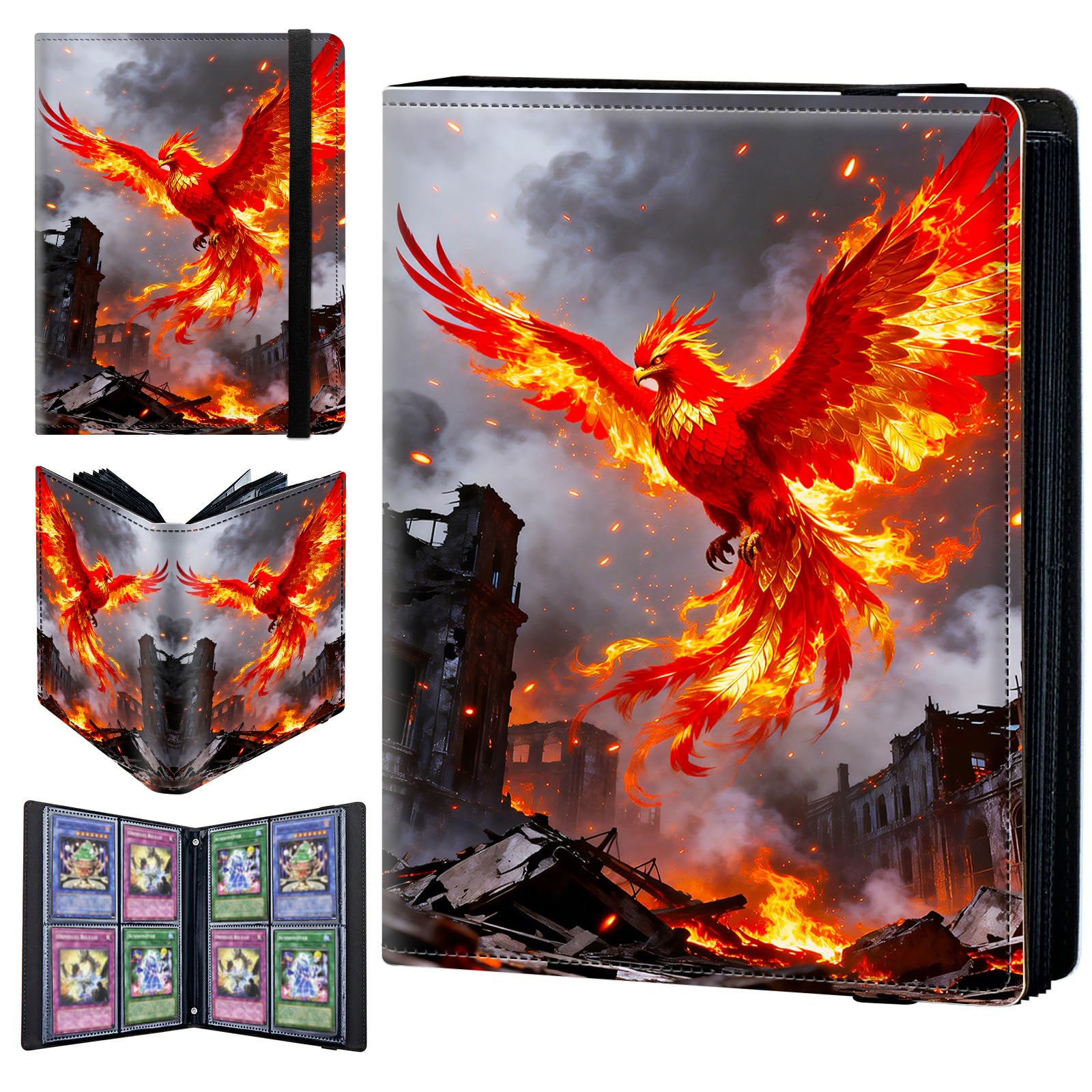 4 Pocket Trading Card Binder 240 Side Loading Pocket Album with Cute Fire Phoenix Pattern Design Card Binder for Sports Cards & Game Cards
