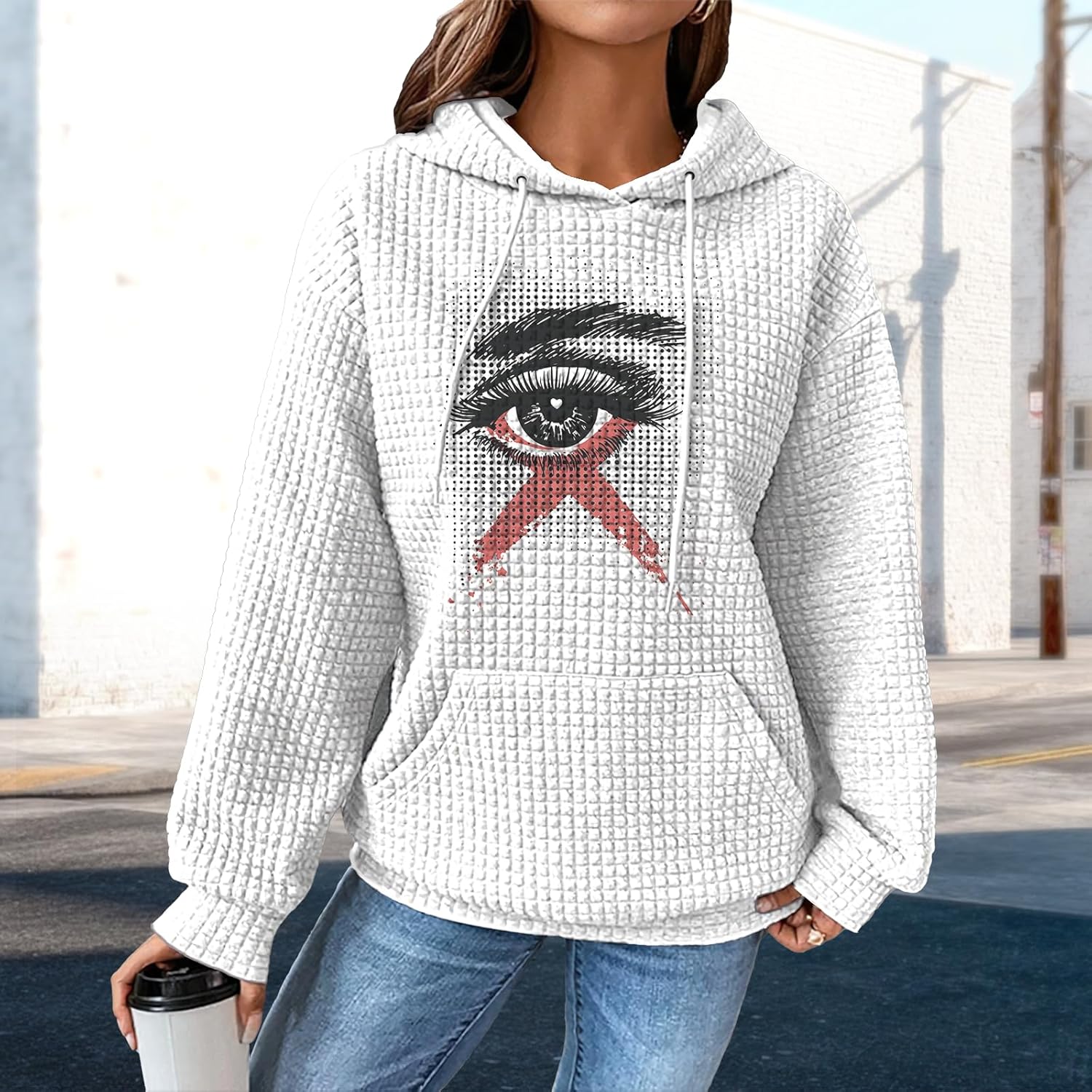 MARSVOVO Casual Drawstring Hoodies for Women Trendy Pullover Waffle Plus Size Sweatshirt Loose Fall Clothes with Pocket - Image 2