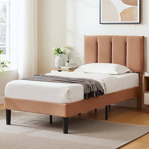 VECELO Base de cama individual con cabecera tapizada, base de colchón de plataforma con fuerte soporte de listones de madera, no necesita somier,