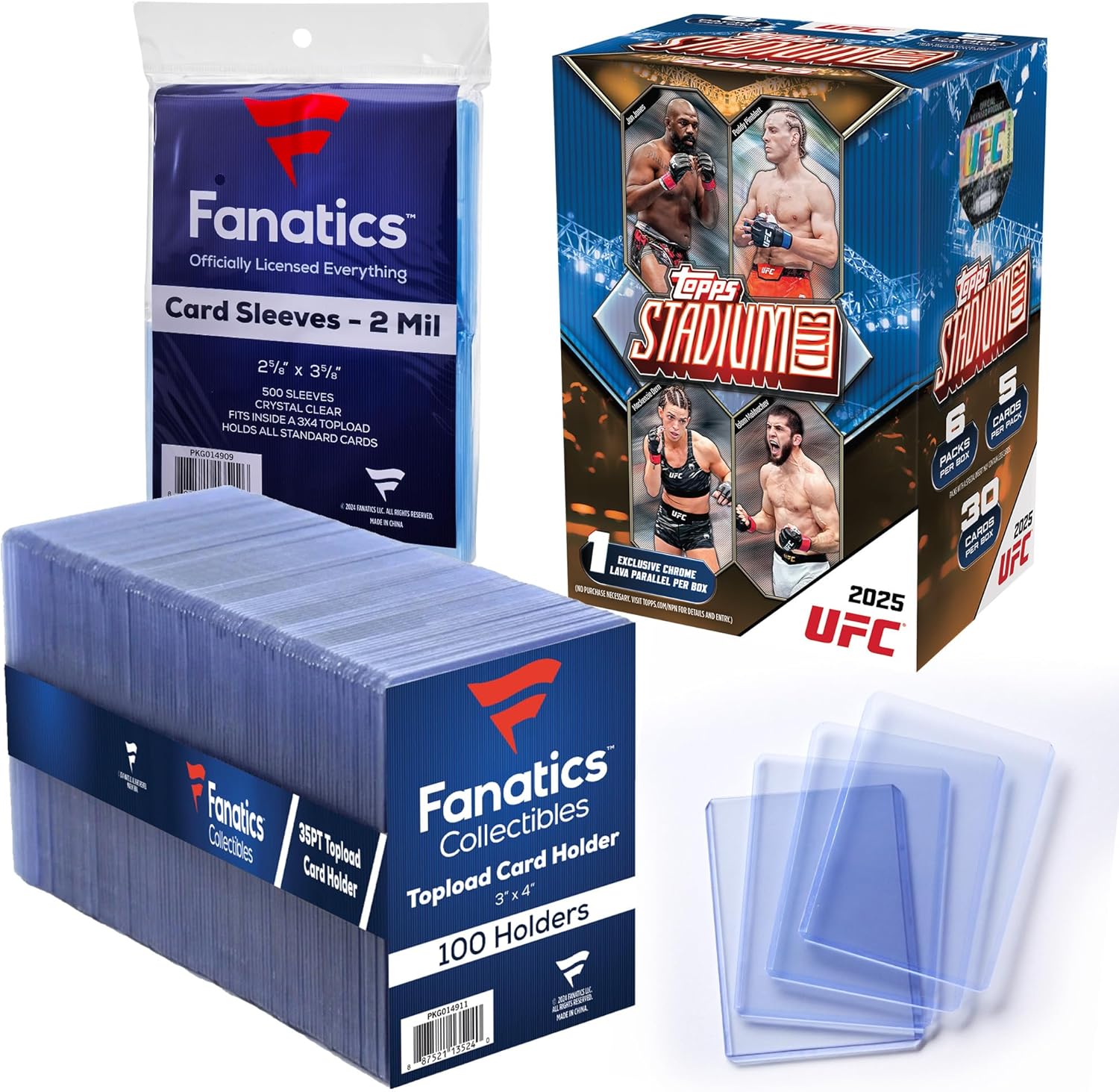 2025 Topps Stadium Club UFC - Factory Sealed, Value Box + 35pt 3x4 Top Loaders, 100 Count and Standard Size Clear Rigid Card Holders for Trading Card Protection