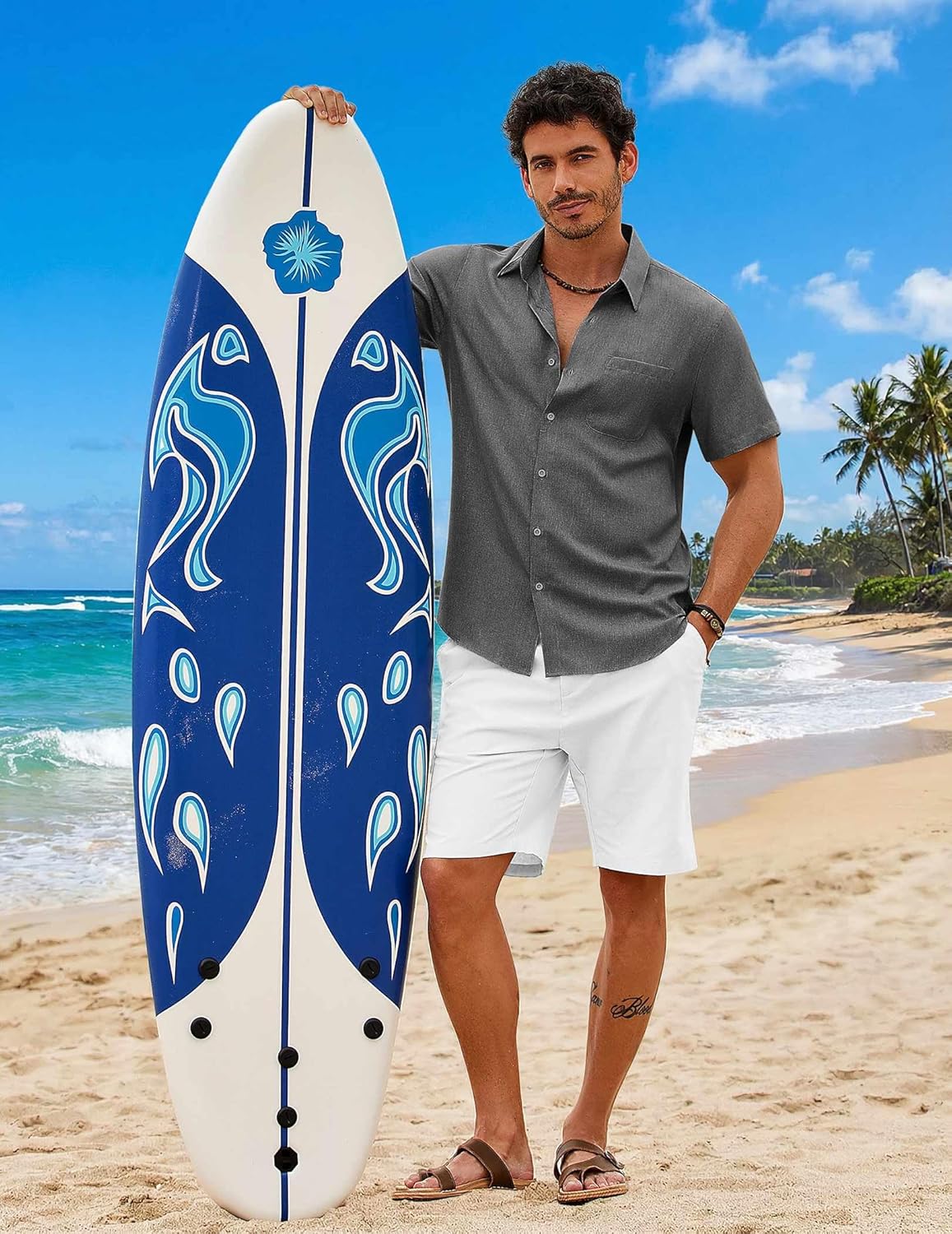 COOFANDY Mens Button Down Shirt Short Sleeve Casual Shirts Summer Beach Wedding Linen Shirt with Pocket - Image 2