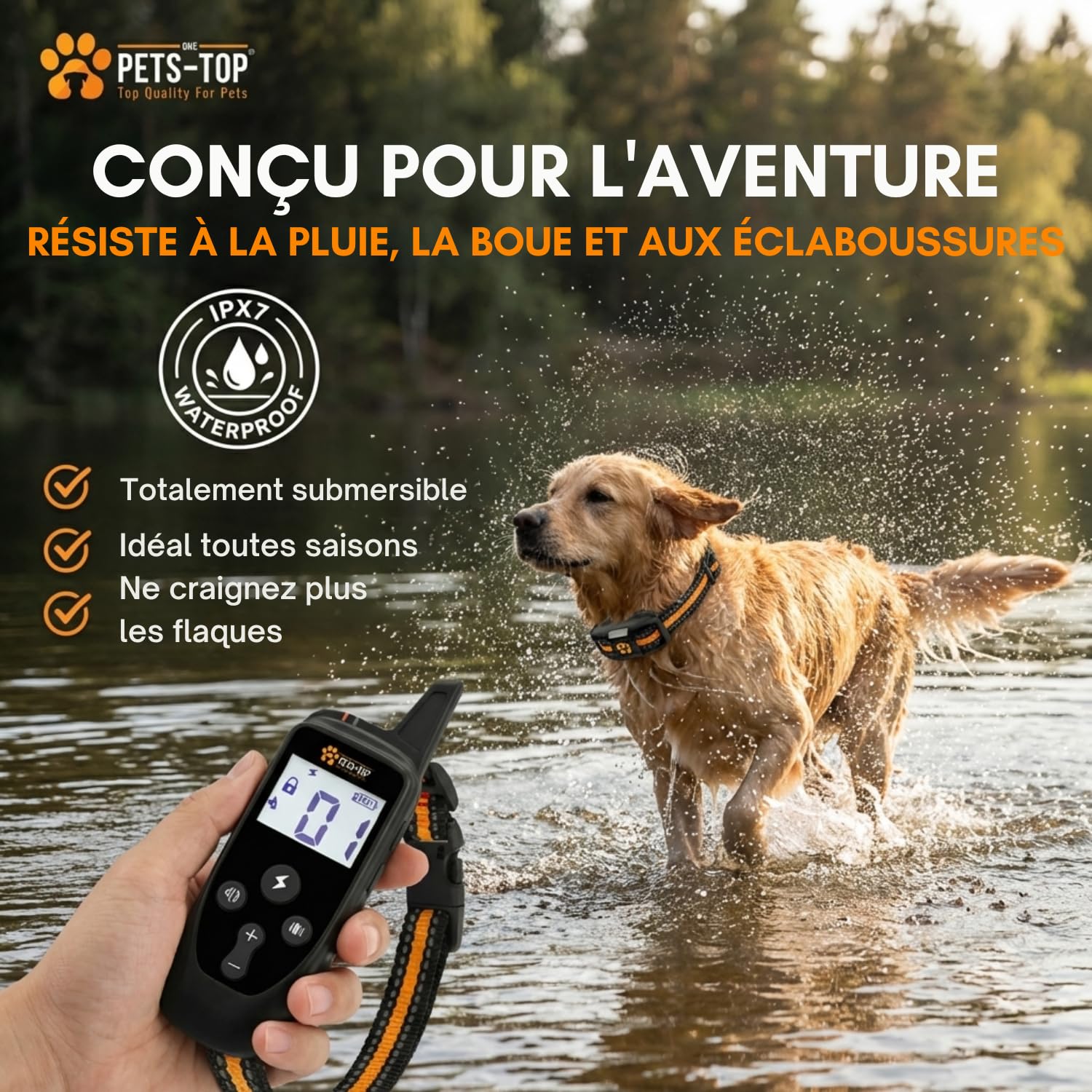 One PETS-TOP Collier De Dressage pour Chien, Portée de 3000m, Mode Vibration, Son, Choc Statique de 0 à 99, IPX67 Résistant à L’Eau, Petit et Gros Chien, Anti-aboiement