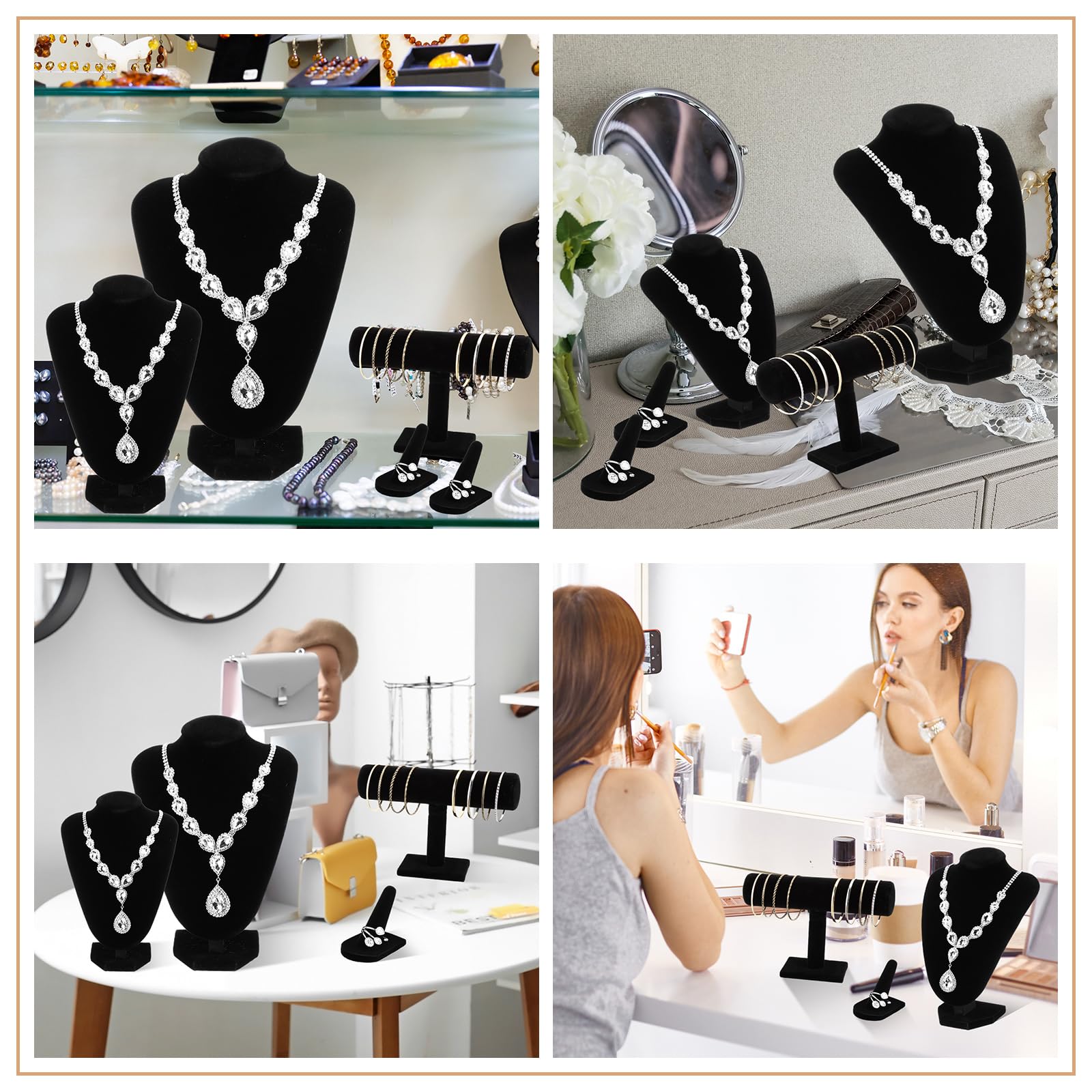 Wenqik Lot de 5 présentoirs à bijoux en velours pour colliers, bustes, bracelets, bagues, bijoux pour vendeurs, salons, vente au détail, décoration d'intérieur (noir)